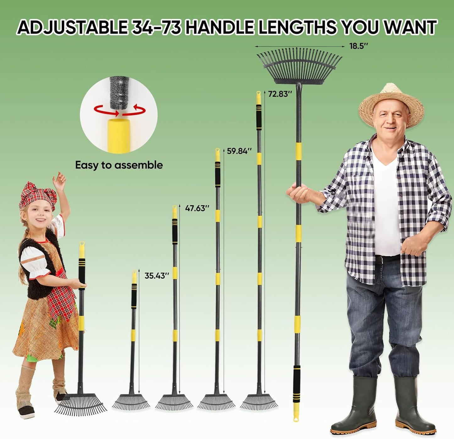 Garden Leaf Rakes, 6FT Rake for Lawns Heavy Duty 25 Metal Tines 18.5 inch Wide, Adjustable Steel Handle, Rakes for Leaves, Gathering Shrub, Grass, Flower Beds