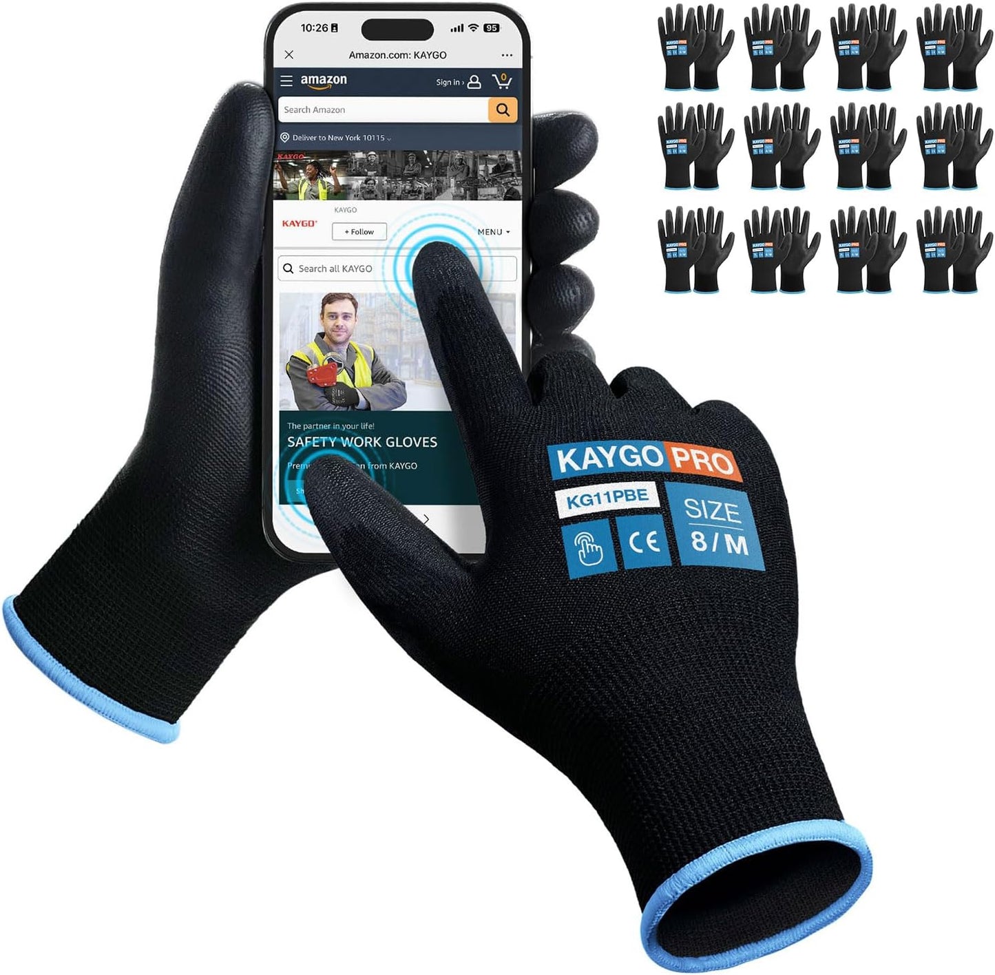 KAYGO Safety Work Gloves PU Coated for Men and Women, 12 Pairs KG11PB, Seamless Knit Glove with Two Fingers Touchscreen, breathable and lightweight Ideal for General Duty Work (Medium,Black)