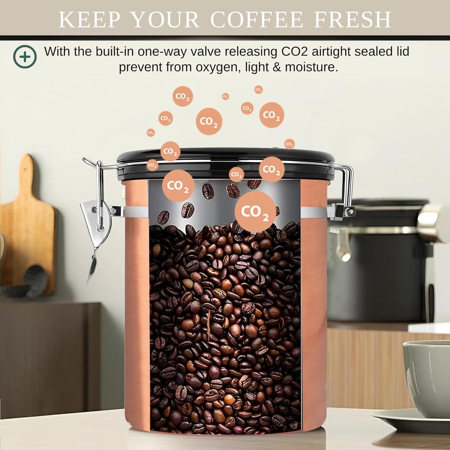Mixpresso 16 Oz Copper Coffee Canister, Stainless Steel Airtight Coffee Container, Ground and Bean Storage with Date Tracker, Vacuum Sealed Espresso Airtight Container, Sugar Container