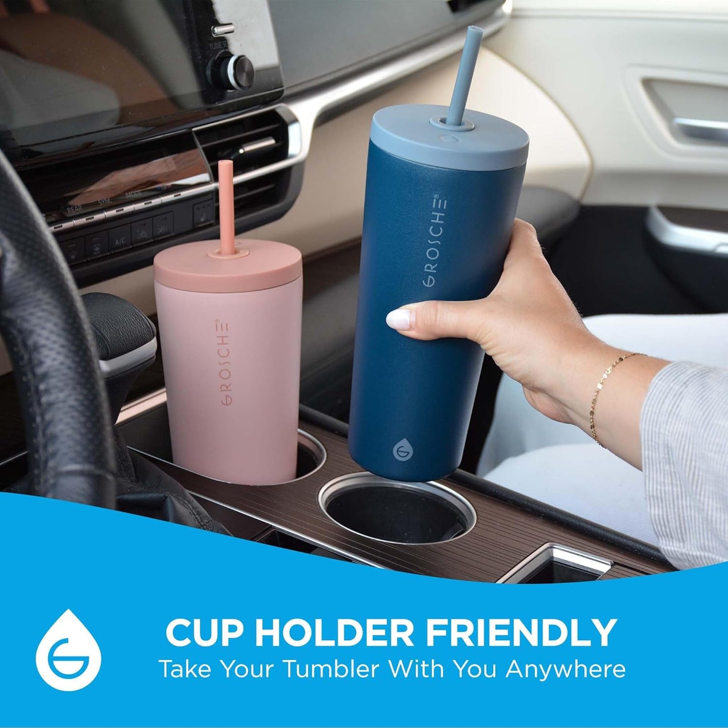 GROSCHE Jasper Insulated Stainless Steel Tumbler With Straw – Travel Cup with Lid, Extreme Insulation & Sleek Design, 23 oz - Blue