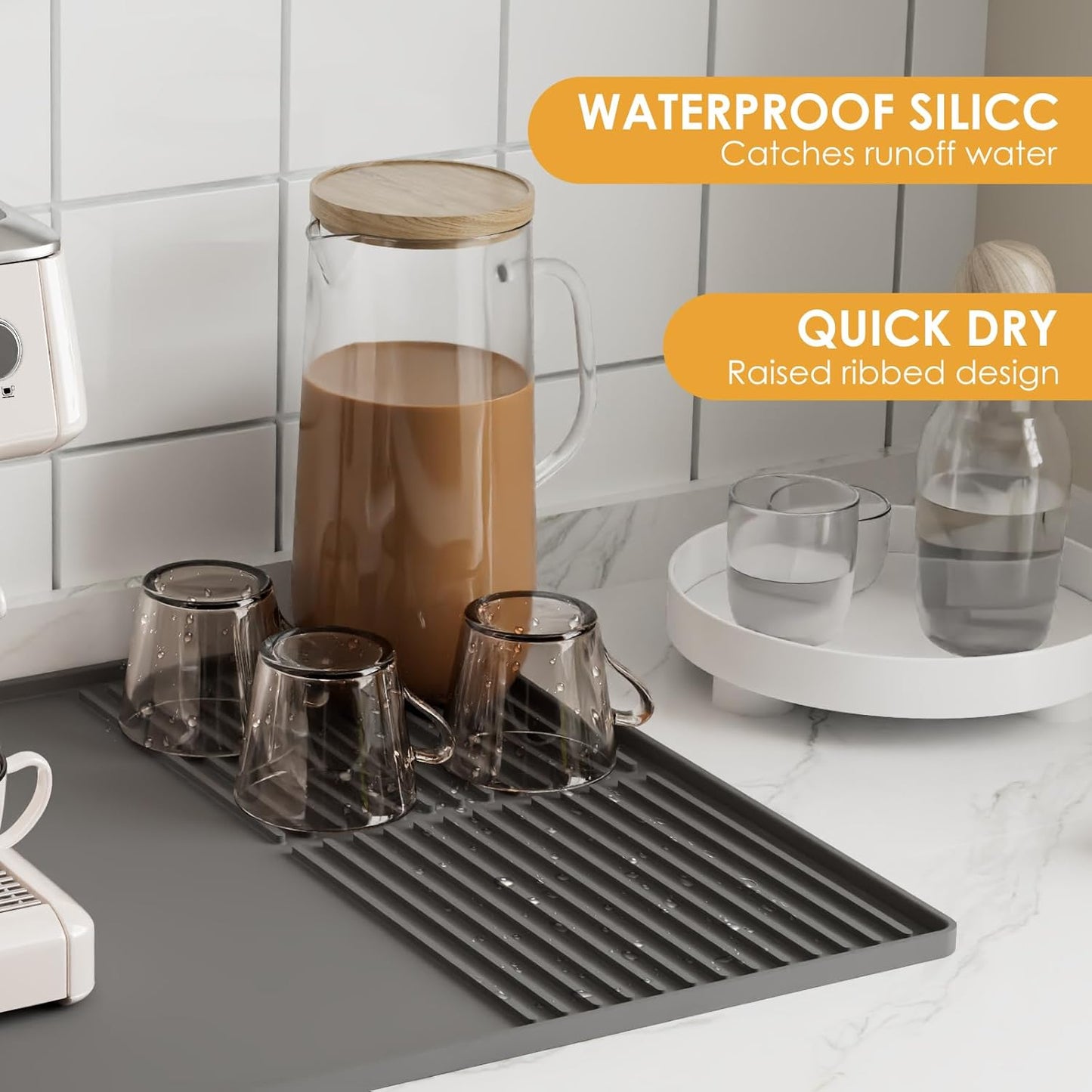 Silicone Coffee Mat with Raised Edges, 20'' X 12'', Bar Mat for Countertops, Fits Under Coffee Maker, Espresso Machine, Dish Drying Mat (GRAY)