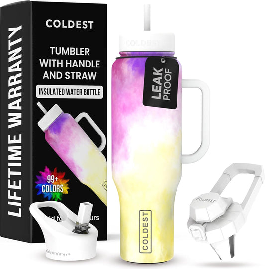 Coldest 40 oz Tumbler with Handle and Straw, 100% Leak Proof Insulated Tumbler with Lid and Straw (3 Lids), Stainless Steel Tumblers for Women & Men, Cup Holder Friendly, 46 oz (Clouds of Tie Dye)