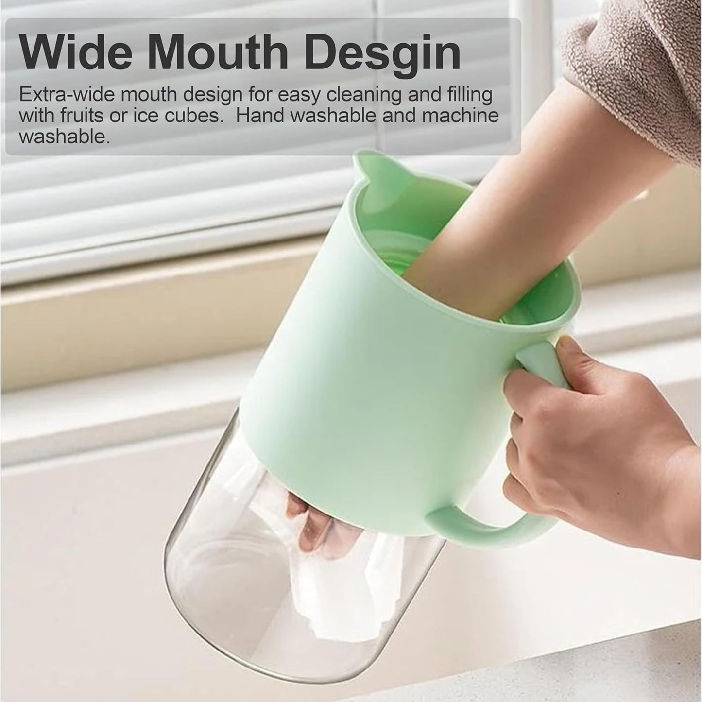 Delove Borosilicate Glass Pitcher with Lid & Auto Spout – Shatterproof Plastic Shell, Wide Mouth Design – 62 oz (1.9 Quart) Jug for Boiling Water, Iced Tea, Juice & Cold Brew Coffee (2, Light blue)