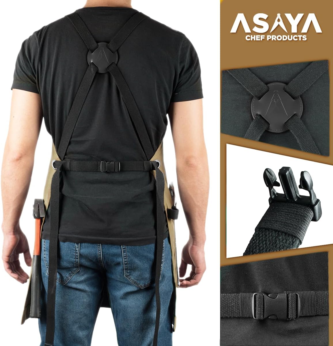 Asaya Chef and BBQ Apron with Bottle Opener and Hand Towel - 10oz Cotton Canvas, Stainless Steel Hardware - Cross Back Straps