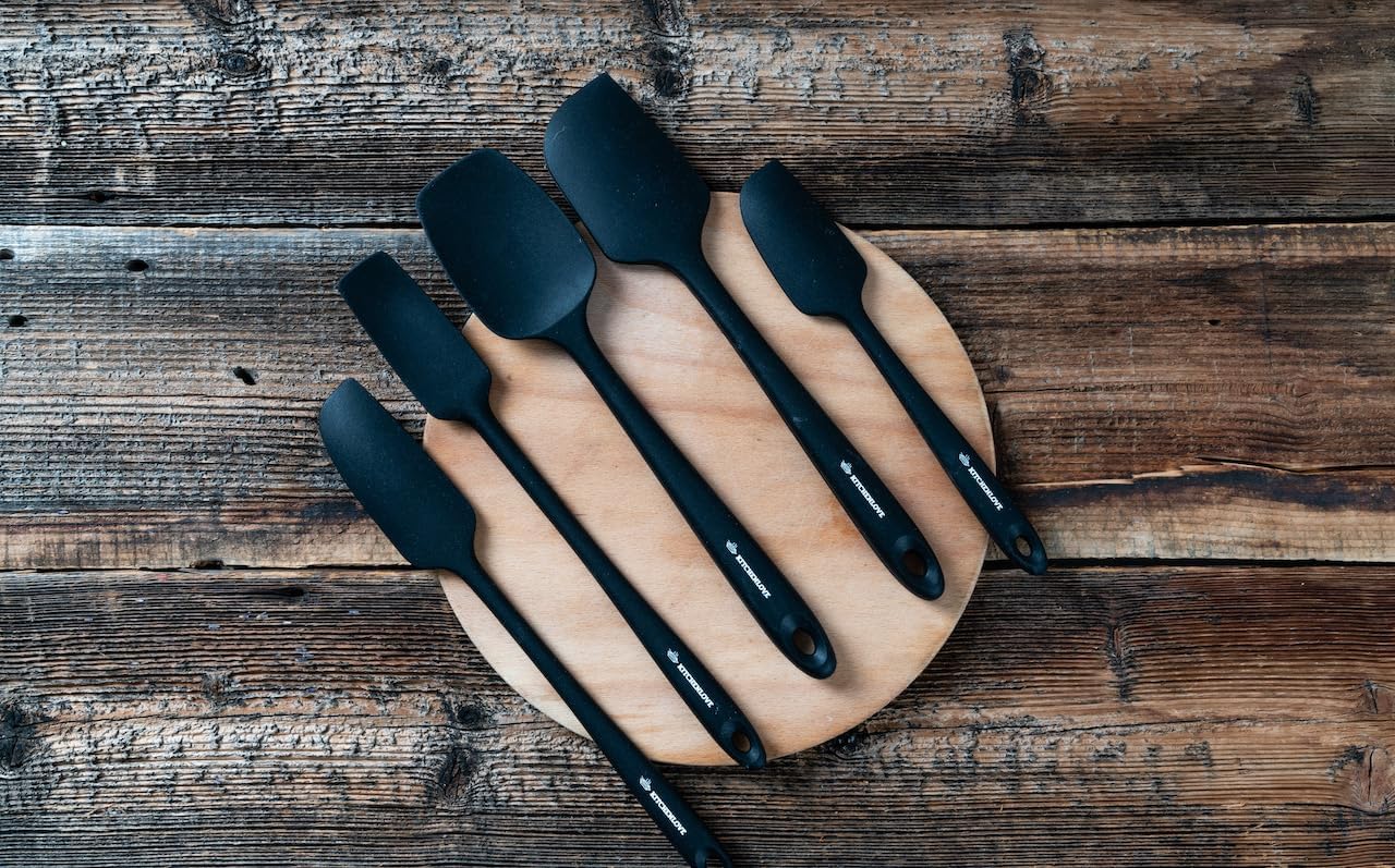KITCHENLOVE Premium 600°F Heat Resistant 5 Piece Silicone Spatula Set for Baking, Cooking, Mixing - Non-Stick with High Grade S-Iron Steel Core - One Piece Seamless Design - BPA Free (Black)