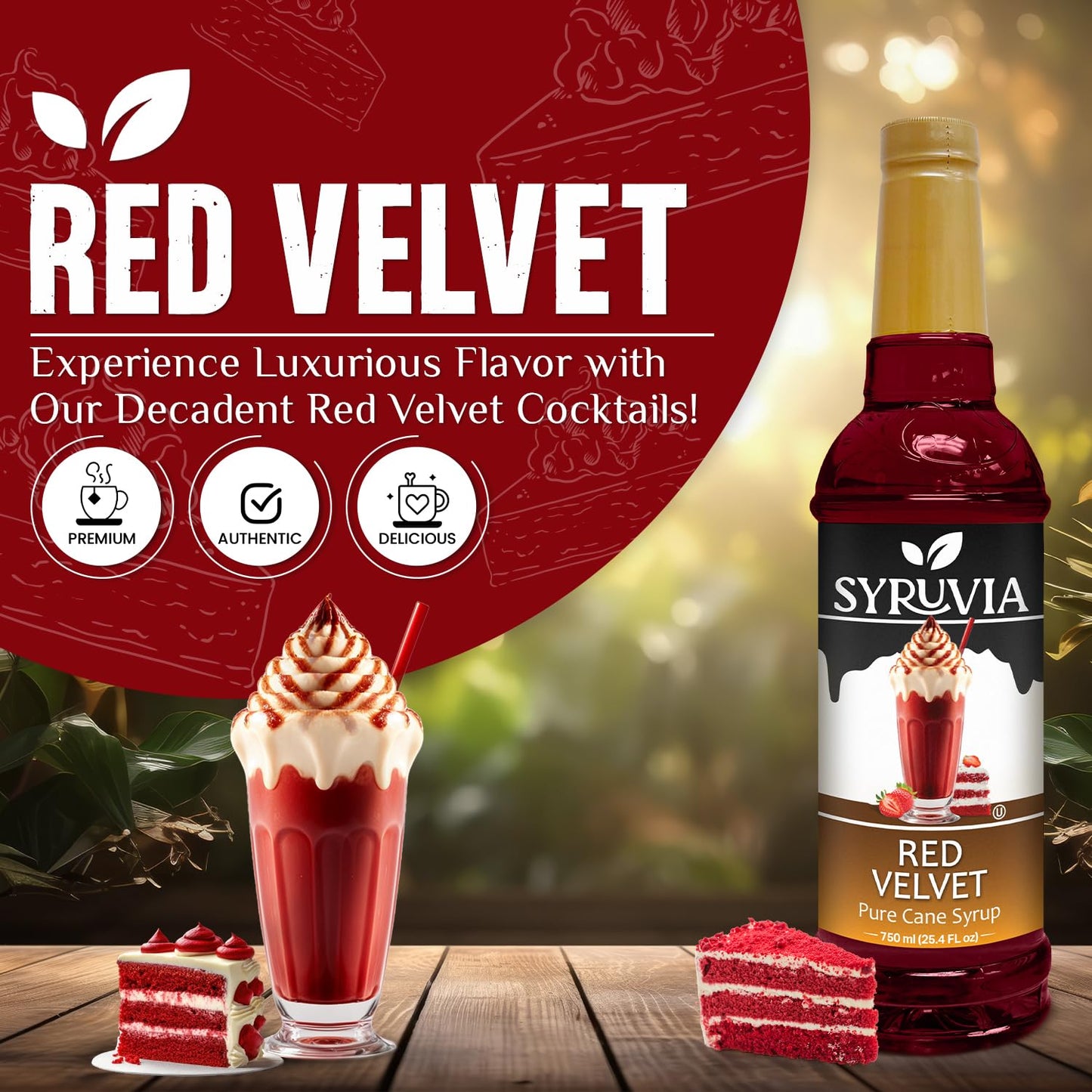 Syruvia Red Velvet Coffee Syrup - 25.4 fl oz - Kosher Coffee Syrups, Gluten Free, No Coloring, Perfect for Drinks, Soda, Shakes, Desserts, and More.