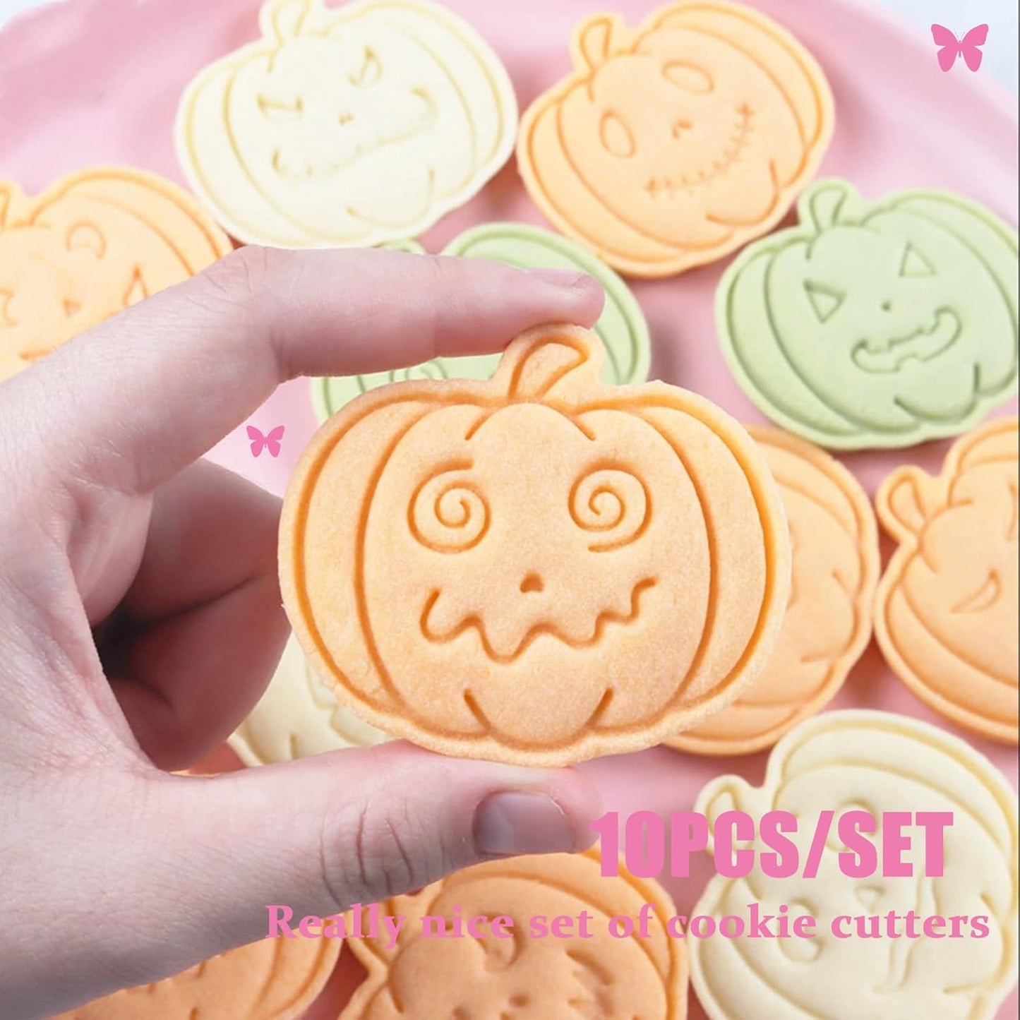 10 Pcs Halloween Cookie Cutters Set with Plunger Stamps, 3D Pumpkin Plastic DIY Cookie Molds for Halloween Party Treat, Baking, Fondant, Cake Decor (F10)