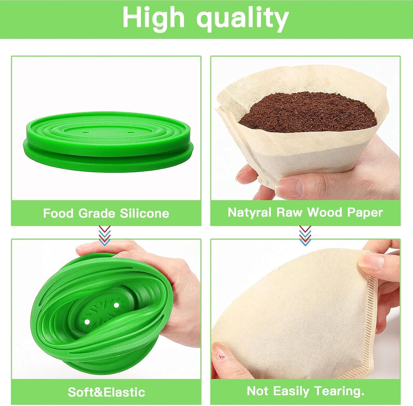 Collapsible Pour Over Coffee Dripper Set - Silicone Reusable Cone Filter Holders with 100Pcs Paper Filters - For Home, Camping, Travel, Office (1, Green)