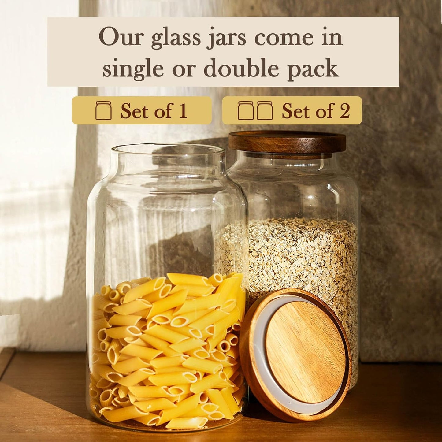 Labina Glass Storage Container Airtight Food Jars Kitchen Canister with Wood Lids, 88 Oz Wide Mouth Pantry Organization Glass Jar for Flour, Sugar, Cookie, Spagetti, Nuts and Candy (2 Pack)