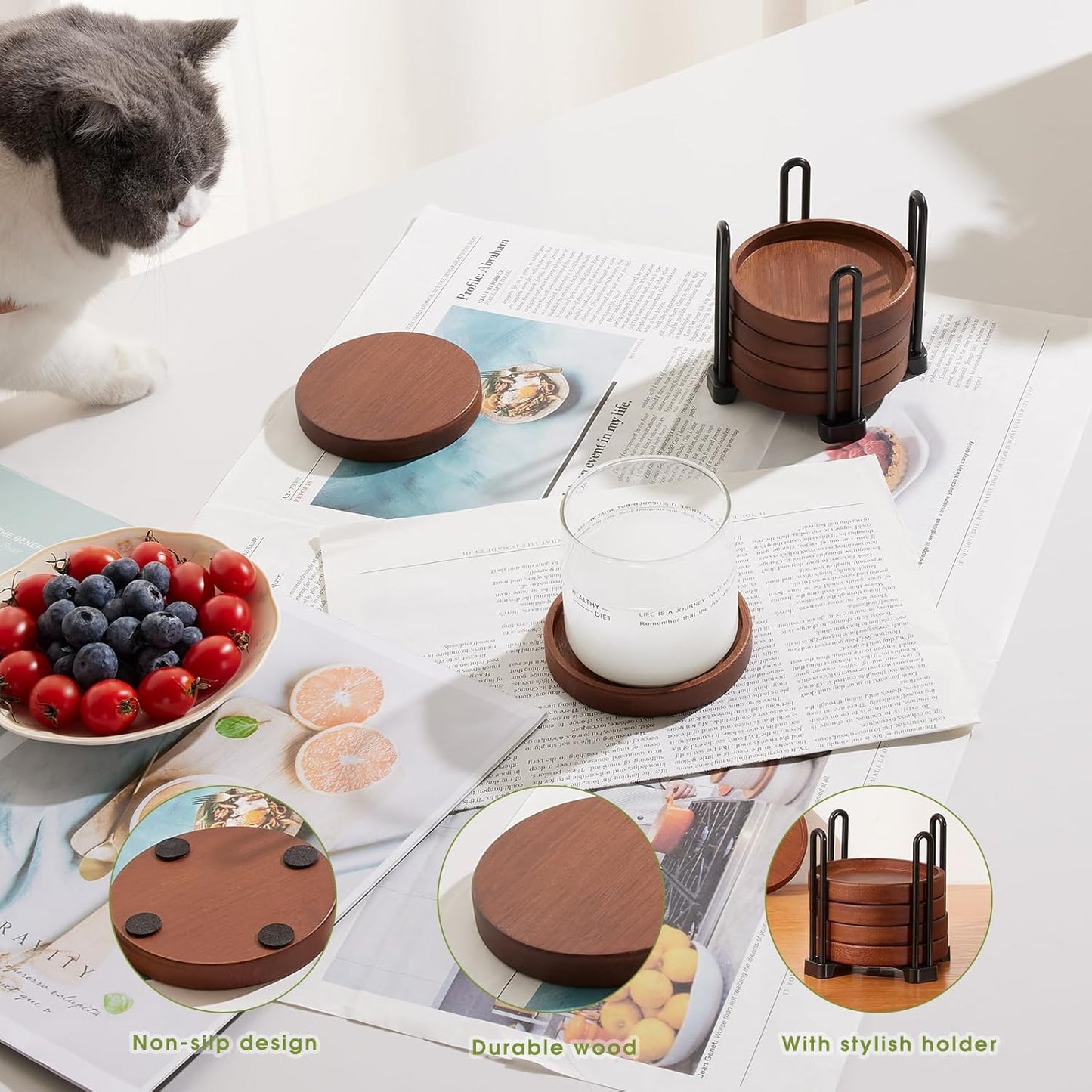 Set of 6 Wooden Coasters With Holder - Coffee Table Coasters for Drinks, Modern Home Decor, Dining Table Decorative Set, Cute Beer Bar Rustic Outdoor Wood Coaster