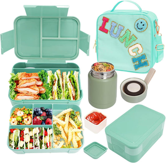 Girl Lunch Bag with 6 Compartment Bento Box with 10oz Thermo- Preppy Green Nylon Insulated Lunch Box Adjustable Strap, Birthday Gift For Girl Kids Teens Travel Picnic School