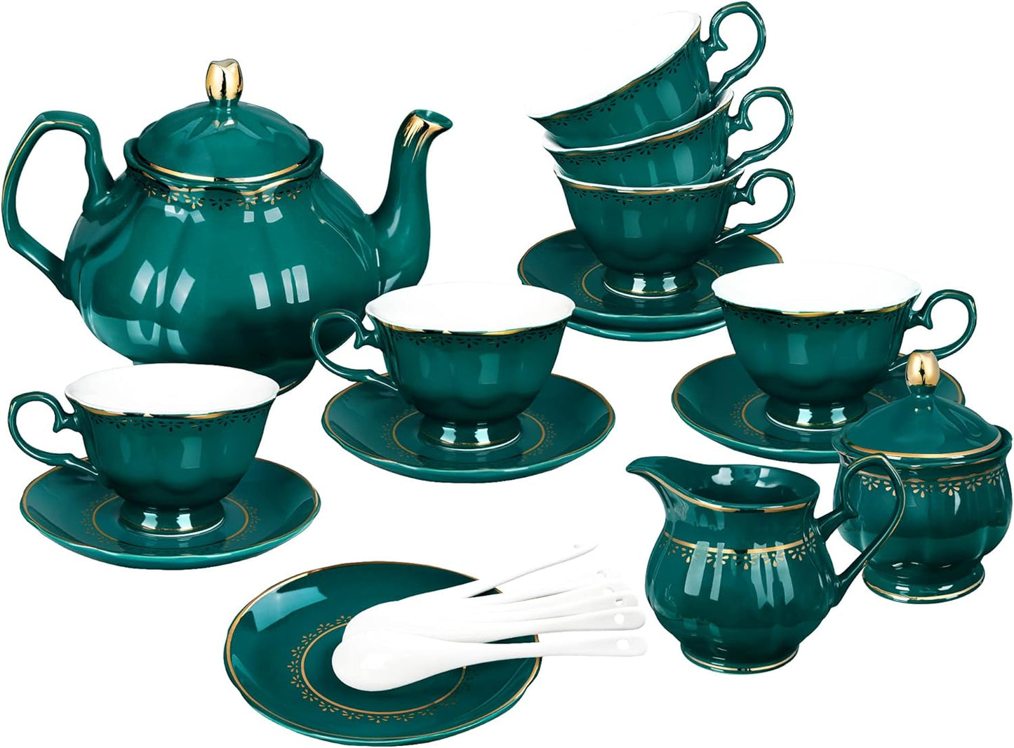 fanquare 21 Piece Vintage Porcelain Tea Set, Green with Gold Trim Fine China Tea Sets for Party, Teapot with Tea Cup and Saucers Set for 6, Christmas Gifts