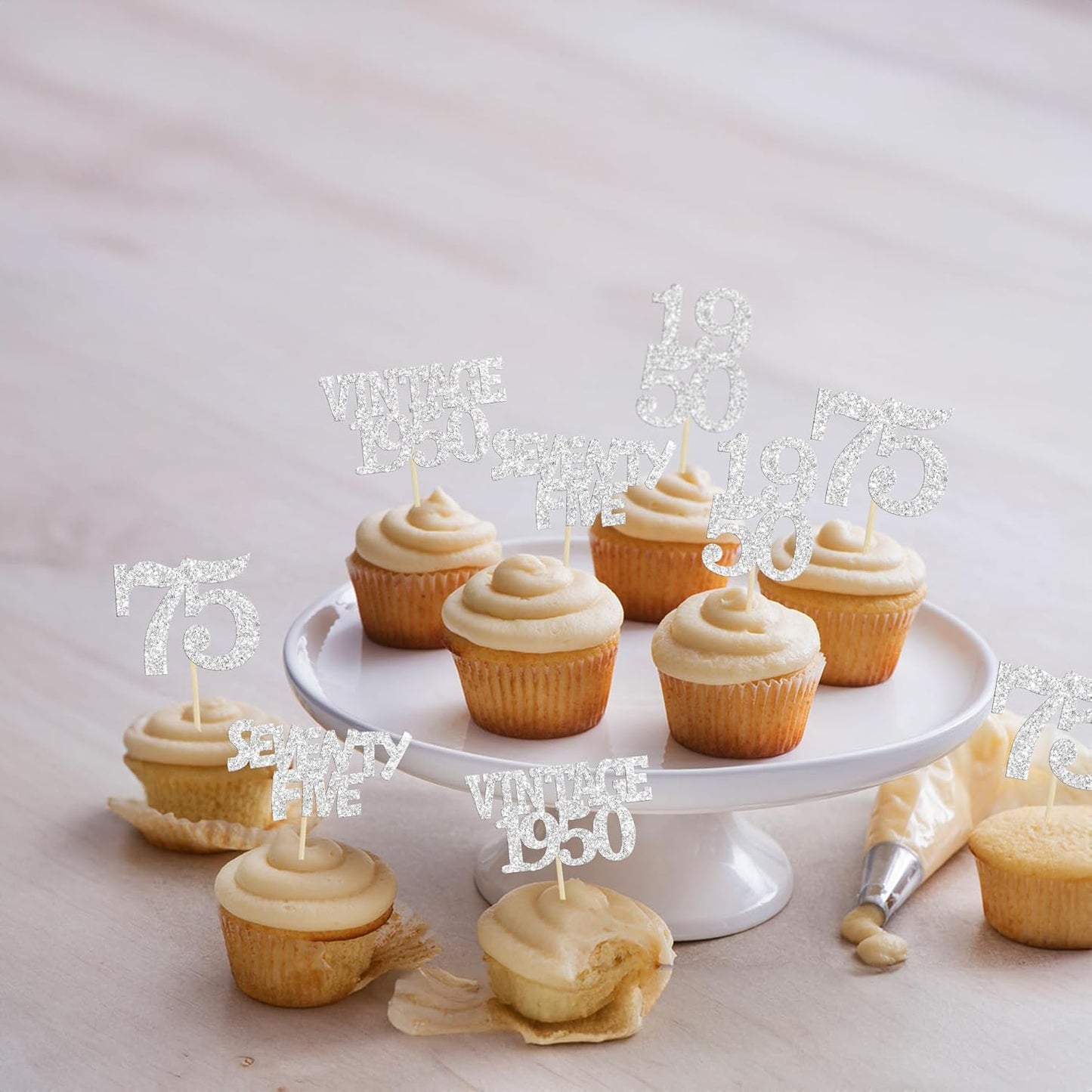 Gyufise 24Pcs 75th Birthday Cupcake Toppers Glitter Cheers to 75 Fabulous Seventy Five Vintage 1950 Cupcake Picks 75th Birthday Wedding Anniversary Party Cake Decorations Supplies Silver