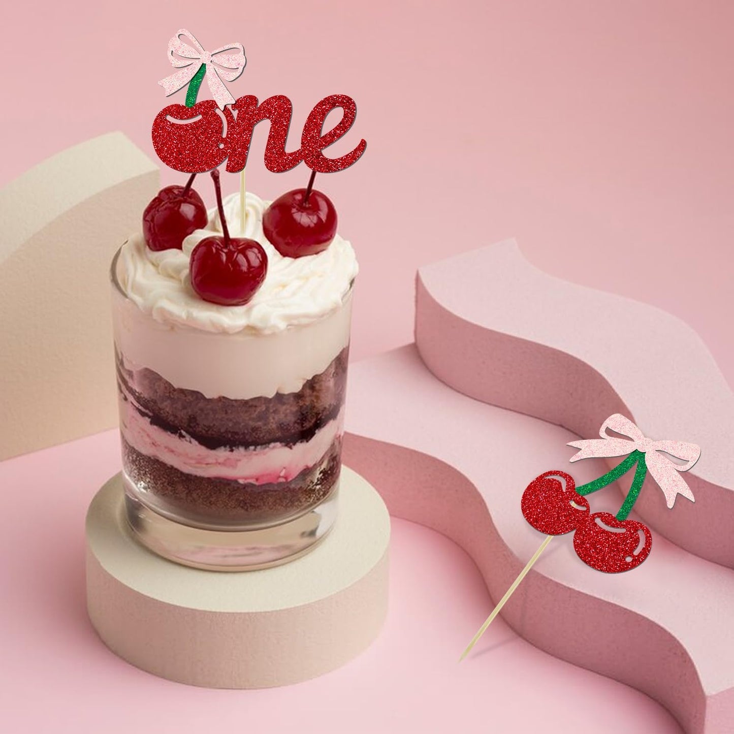 24 Pack Cherry 1st Birthday Cupcake Toppers, Glitter Cherry First Birthday Cake Pick for Fruits Theme One Birthday Party Cake Decorations Supplies (One)