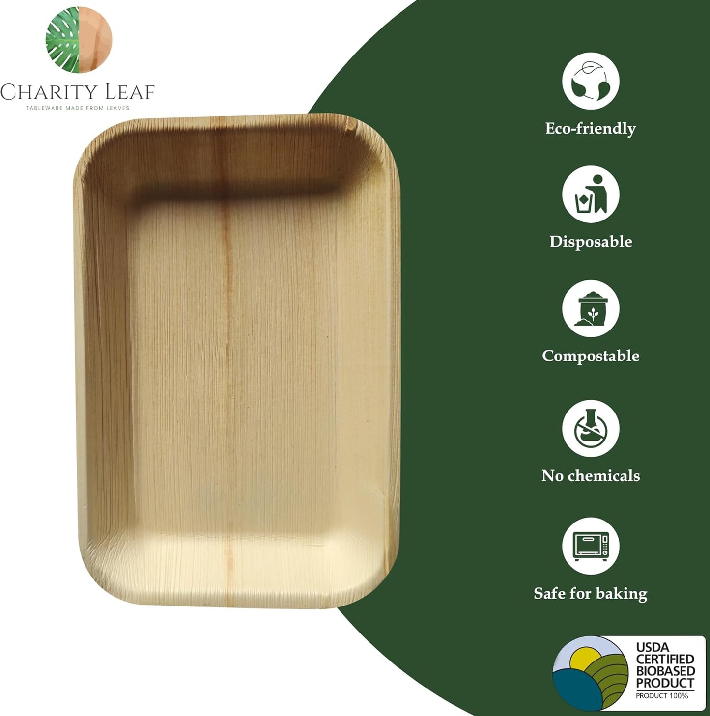 Charity Leaf Eco-Friendly Palm Leaf Trays - 9"x6" (25-Pack) | Elegant Bamboo-Inspired Platters | Premium Quality, Biodegradable | Perfect for Weddings, Catering, Events | Disposable Yet Chic