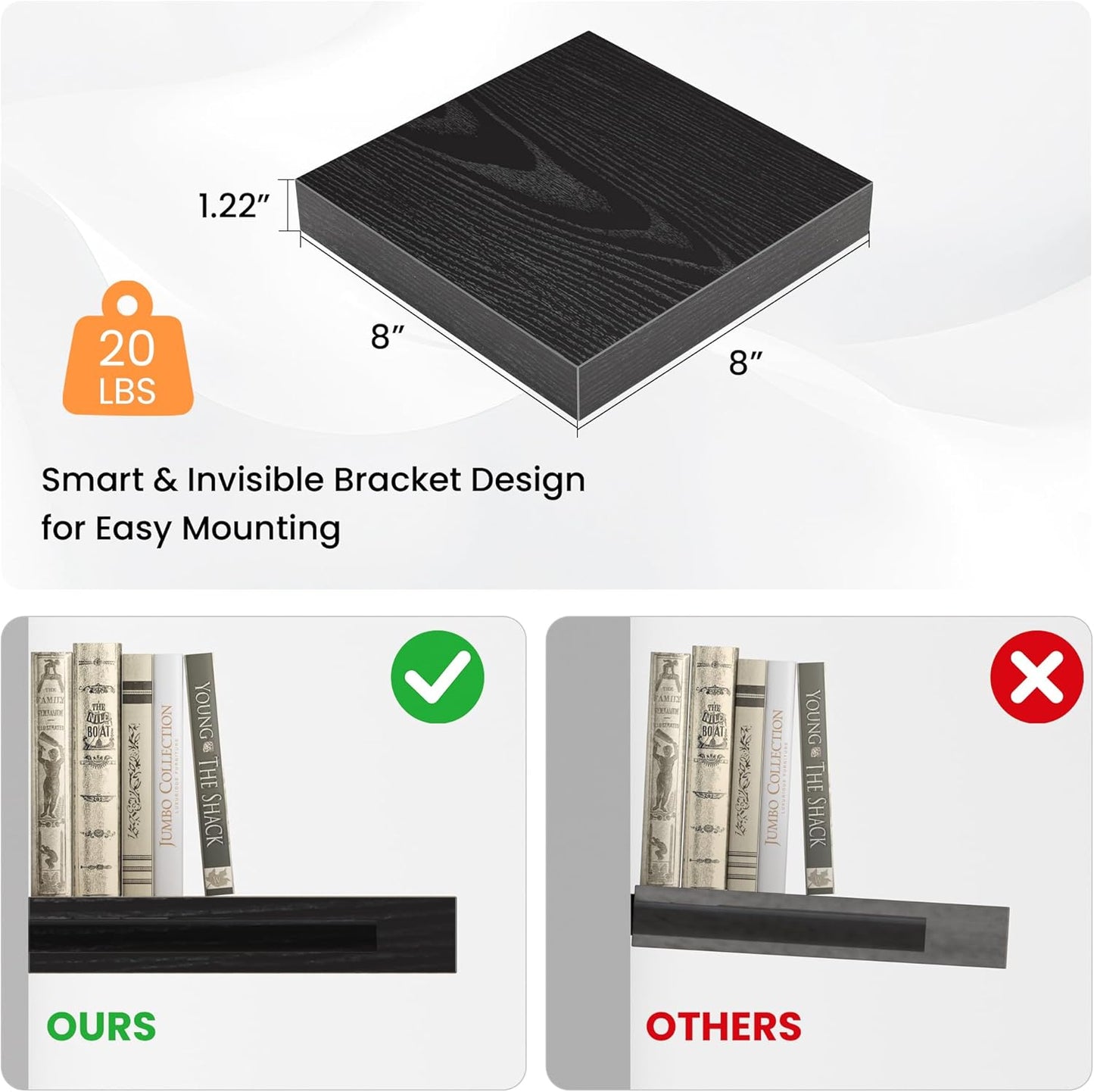 Square Floating Shelves for Wall, 8" W x 8" D x 1.2" H, Small Wooden Wall Mounted Display Shelves with Invisible Brackets for Living Room, Bedroom, Bathroom, Kitchen Decor, Set of 4, Black