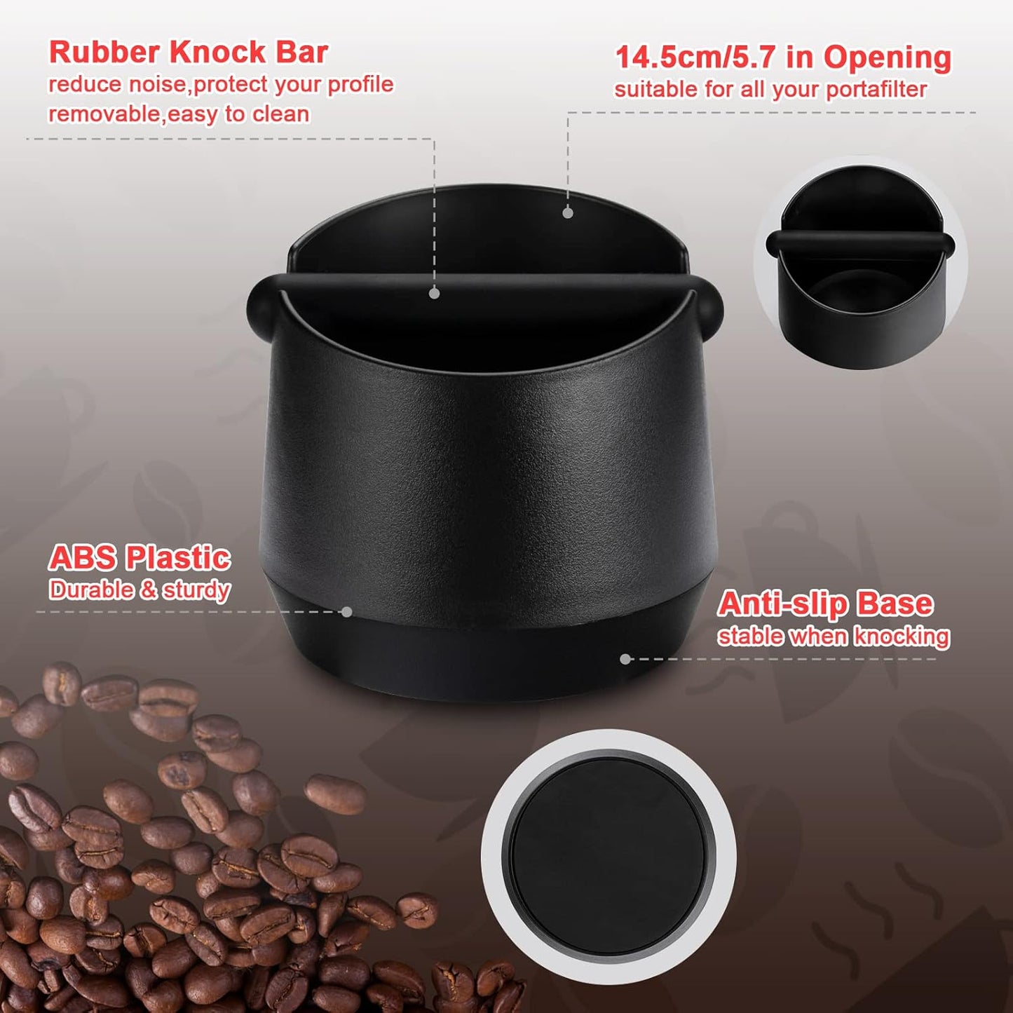 Espresso Knock Box - 5.8 Inch Coffee Knock Box Espresso, Shock-absorbent espresso grounds knock box with Removable Knock Bar and Non-Slip Base for easy coffee ground disposal(Round)