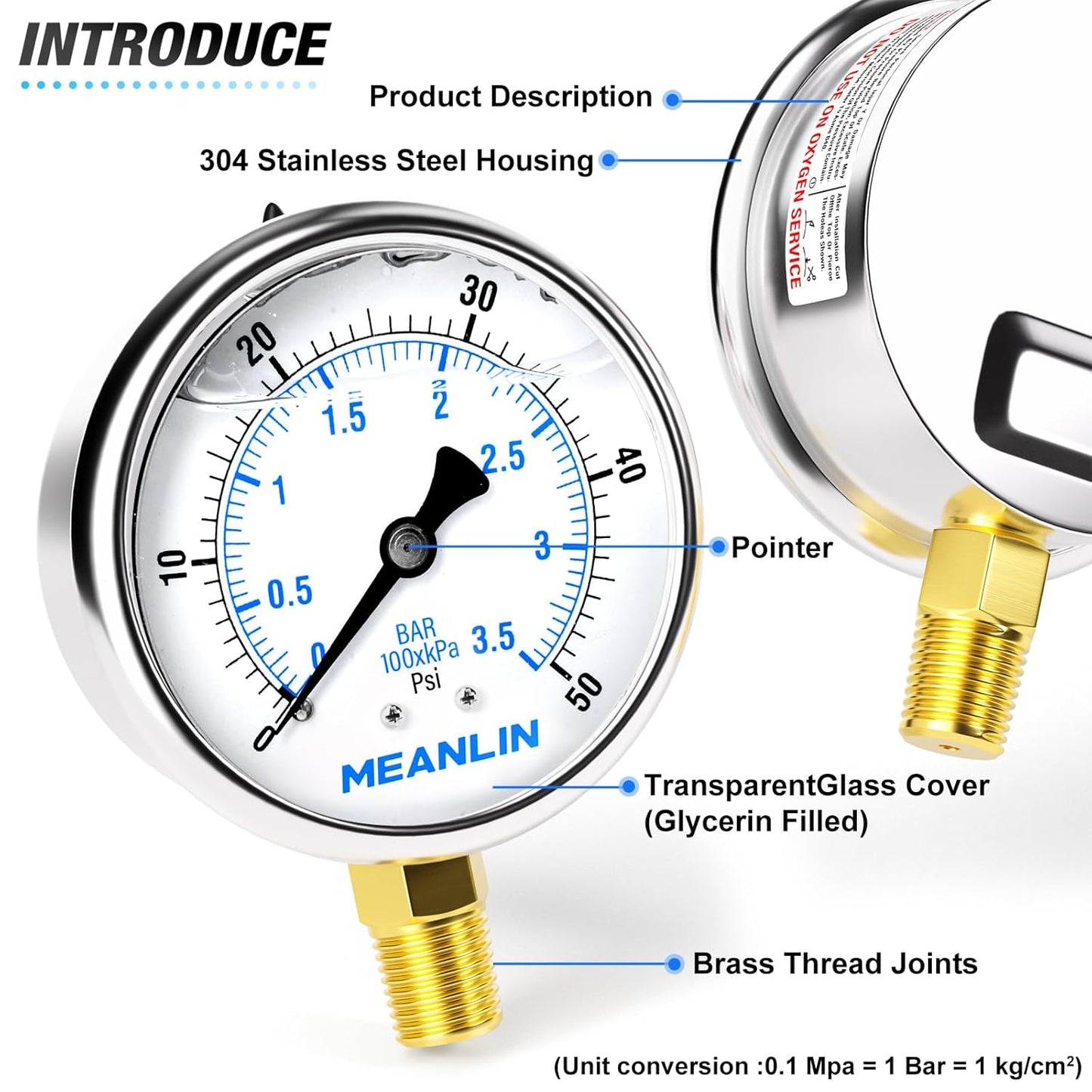 MEANLIN MEASURE 0~50Psi Stainless Steel 1/4" NPT 2.5" FACE DIAL Liquid Filled Pressure Gauge WOG Water Oil Air Lower Mount, with 1/2" NPT and 3/8" NPT Hex Bushing