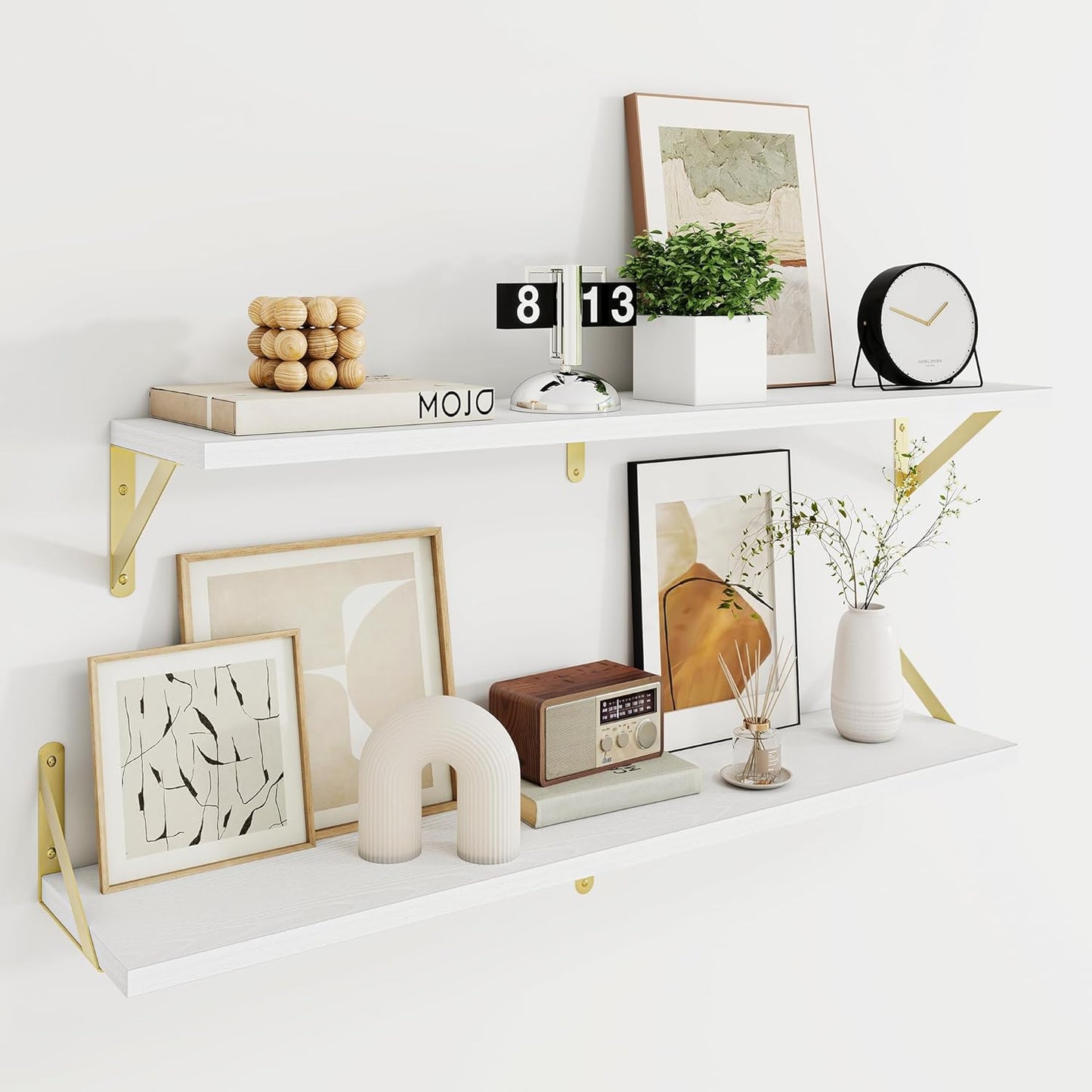 Deep Floating Shelves for Wall, 36W x 8D Wall Mounted Shelves Set of 2, Wide Display Ledge Shelf with Sturdy Metal Brackets for Living Room, Bathroom, Bedroom and Kitchen, White with Gold Brackets