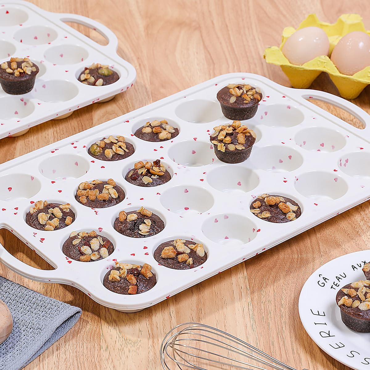 CAKETIME Mini Cupcake Pan, Metal Reinforced Frame Silicone Mini Muffin Pan Nonstick 24 Cups with Handle for Valentine's Day Baking Muffins, Cupcakes, Egg Bites 1 Pack