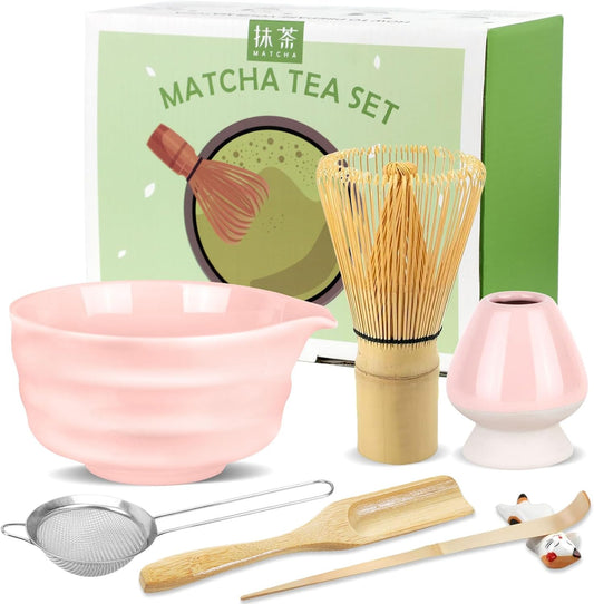 7 Pcs Matcha Whisk Set, Matcha Set with Ceramic Bowl, Whisk, Bamboo Spoon, Whisk Holder, Sifter, Scoop and Holder, Matcha Kit for Matcha Lover (Pink)