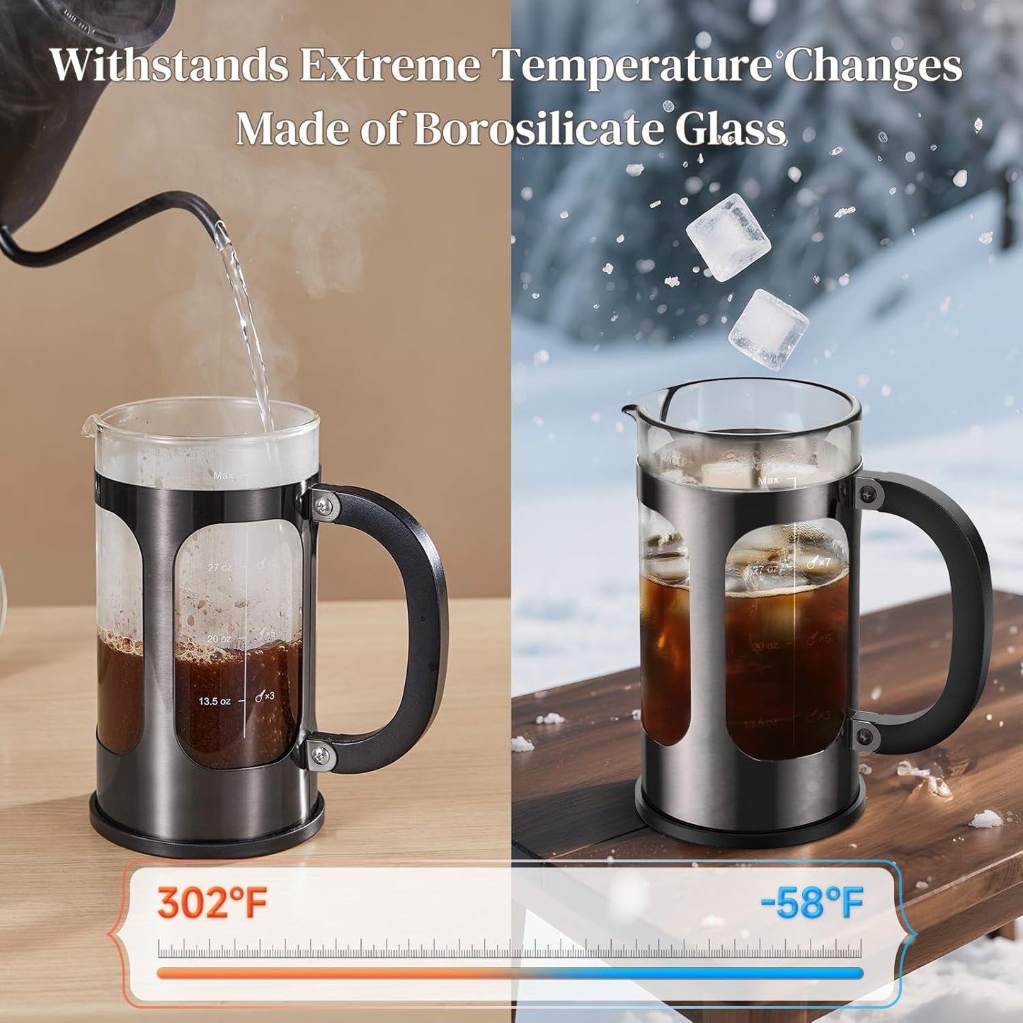 Veken French Press Coffee Maker 34oz 1 L, No Plastic Touching Cafe, Heat Resistant Thickened Borosilicate Glass, Stainless Steel Brewer,Cold Brew Cafetera Teapot for Kitchen Travel Camping,Dark Pewter