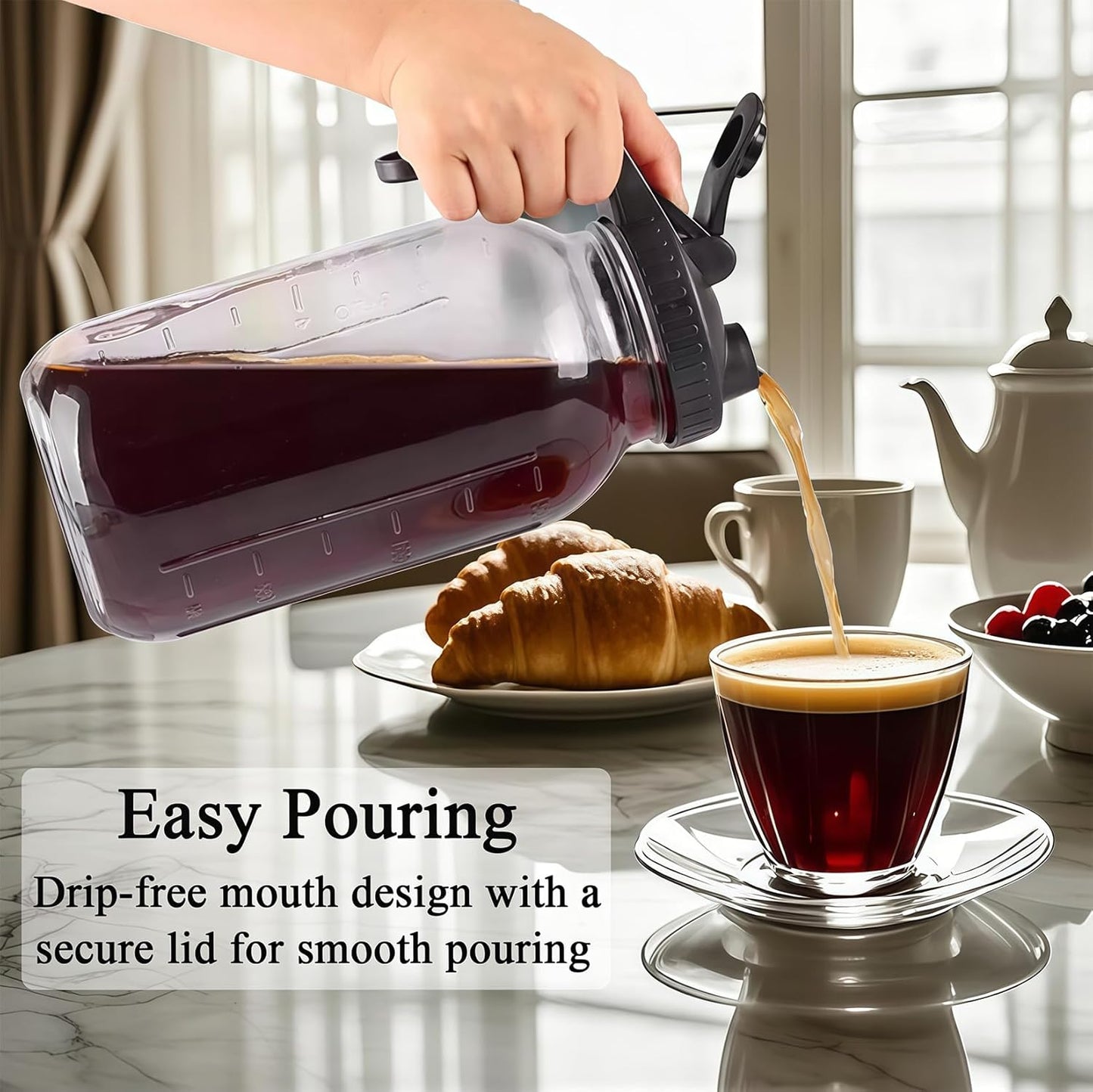 64oz Glass Pitcher Carafes With Handle and Lid, 2 Quart Mason Jar, Large Water Jug, Glass Containers for Fridge, Water Pitcher for Juice, Iced & Sun Tea, Cold Brew Coffee, Homemade Beverage