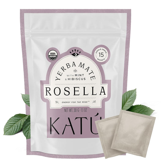 Katú Rosella Teabags, Premium Organic Yerba Mate Tea with Hibiscus, Peppermint, and Stevia Leaves, Vibrant Floral Twist, Natural Energy, 15 Satchets