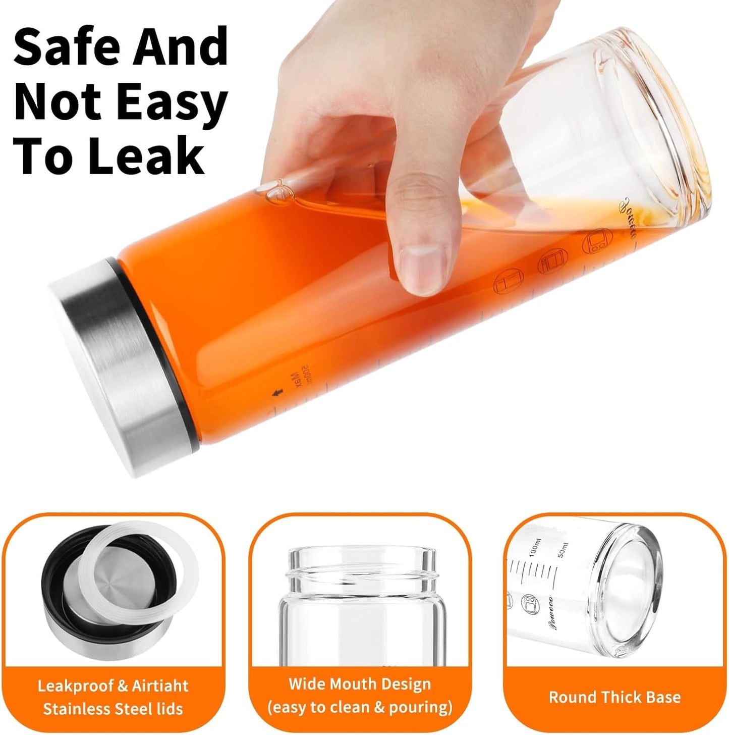 Glass Juice Bottles 4 Pack 10 oz - Wide Mouth Glass Water Bottles with Lids - for Juicing, Protein, Smoothie, Milk, Reusable, BPA Free, Stainless Steel Lids, Blender, Shaker Bottle (10oz/300ml)