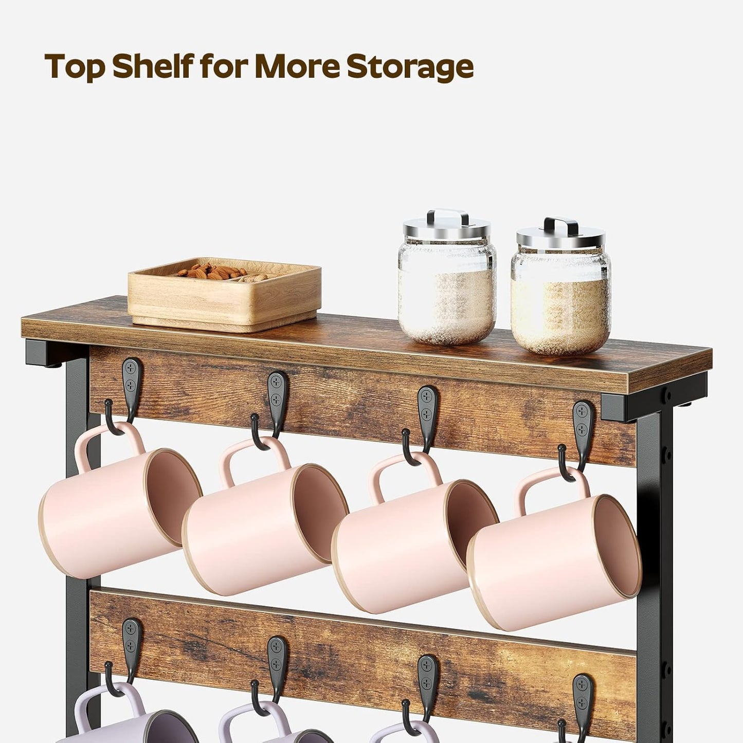 Coffee Mug Holder for Counter, 2 Tier Mug Tree Rack, with 8 Hook and 2 Open Shelves, Vintage Mug Holder Stand for Home Kitchen, Rustic Brown MH43BR