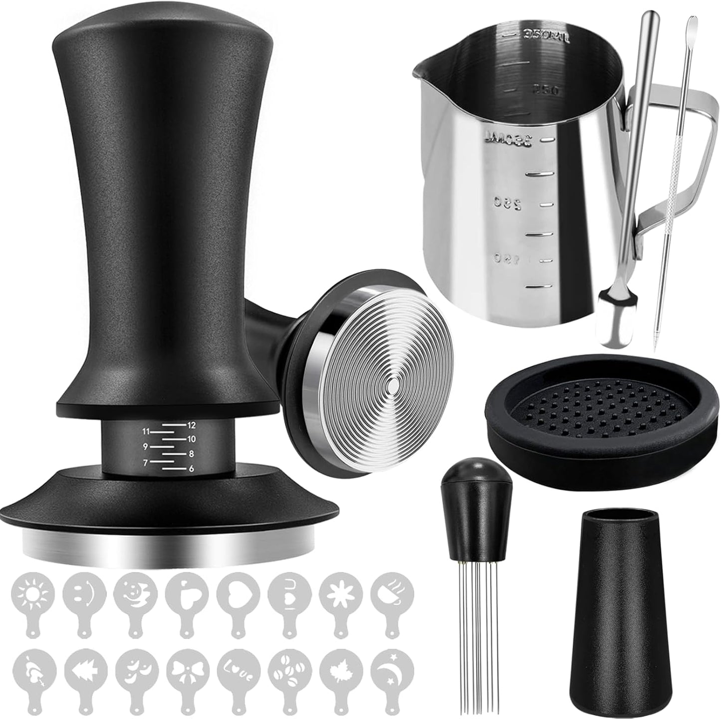 22Pcs Espresso Accessories, 51mm Espresso Tamper Kit, Espresso Machine Accessories Set with Coffee Tamper, WDT Tool, Tamper Mat, Coffee Stirrer, Frothing Pitcher, Latte Art Pen, 16 Coffee Stencils