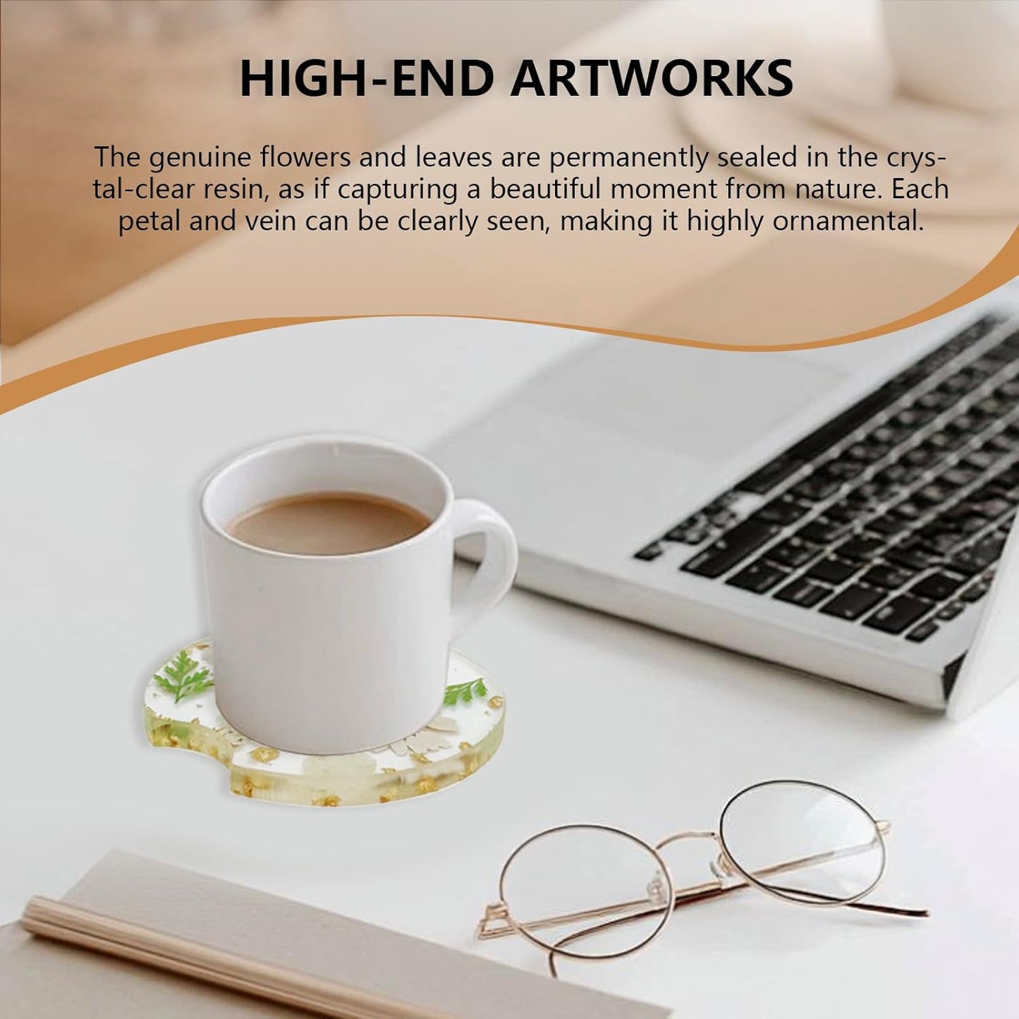 Dried Flower Coasters 4PCS, Resin Drink Coasters with Finger Notch, Reusable Cup Mats for Desk Protection Car and Home Decor