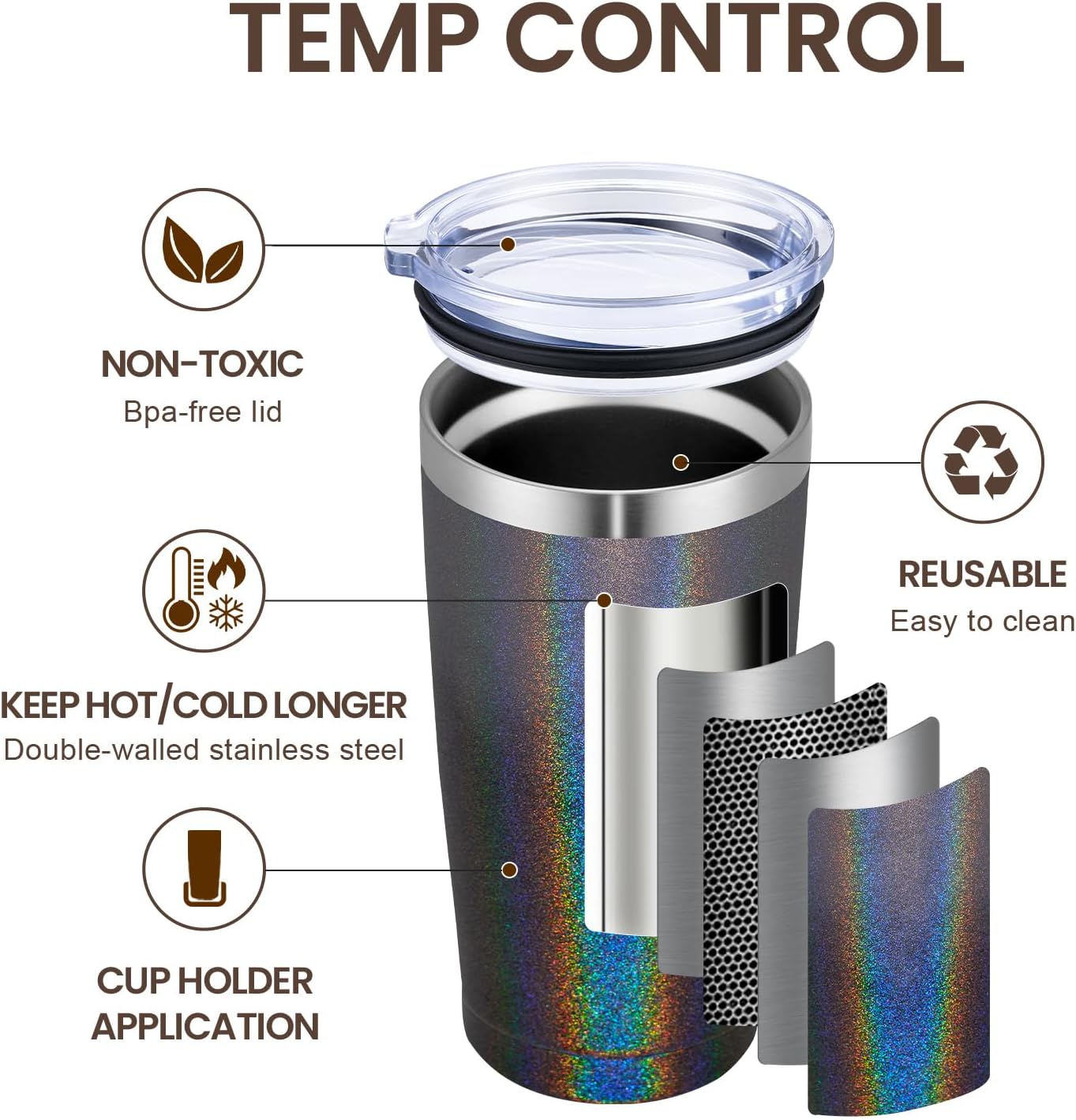 MEWAY 20oz Tumbler 4 Pack Double Wall Vacuum Insulated Travel Glitter Mug Bulk, Stainless Steel Tumblers with Lid and Straw, Powder Coated Coffee Cups for Woman(Gradient Black,Set of 4)