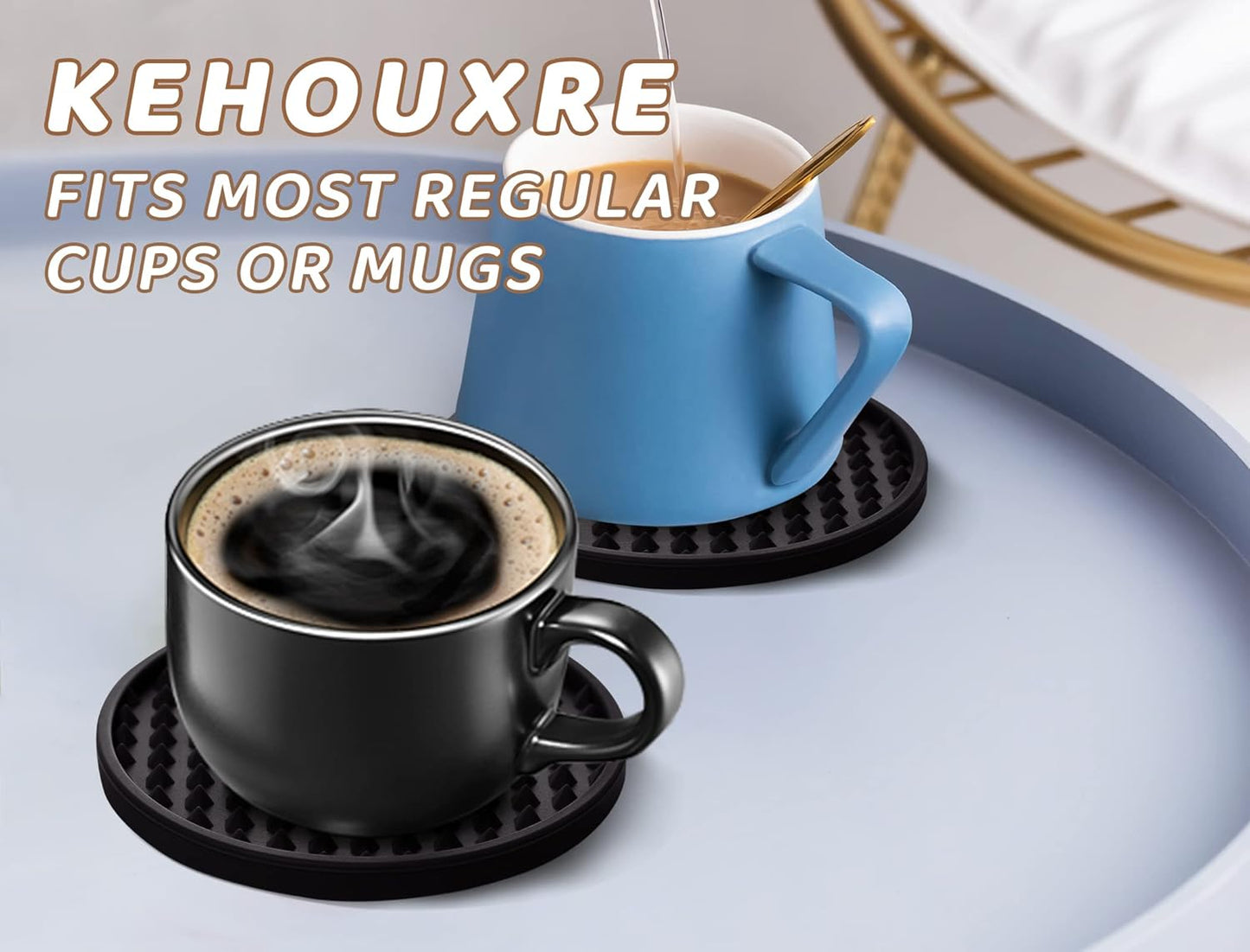 Coasters for Drinks 6 Pcs Drink Plastic Coaster with Holder,Heat Resistant Silicone Cup Mat Tabletop Protection,Non-Slip Rubber Coasters for Kinds of Cups (Black)