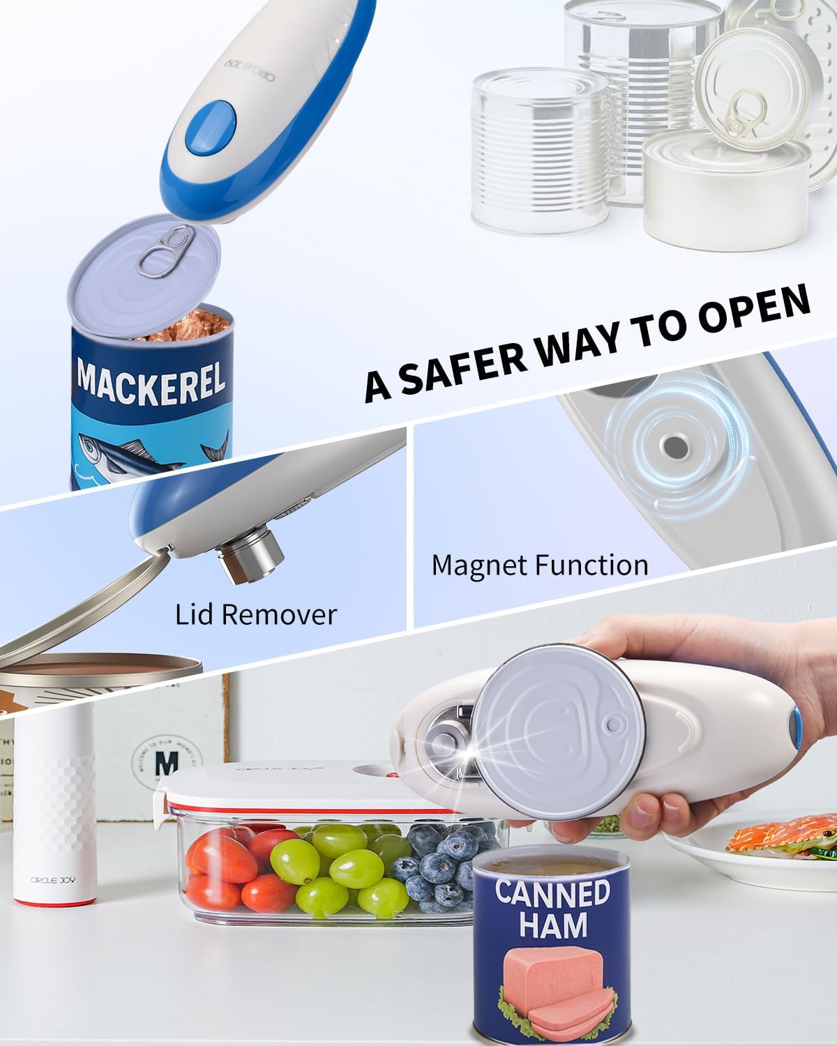 CIRCLE JOY Electric Can Opener, One-Touch Automatic Can Opening with Smooth Edges, Food Safety Handheld Battery-Operated Can Opener for Kitchen and Seniors, Blue