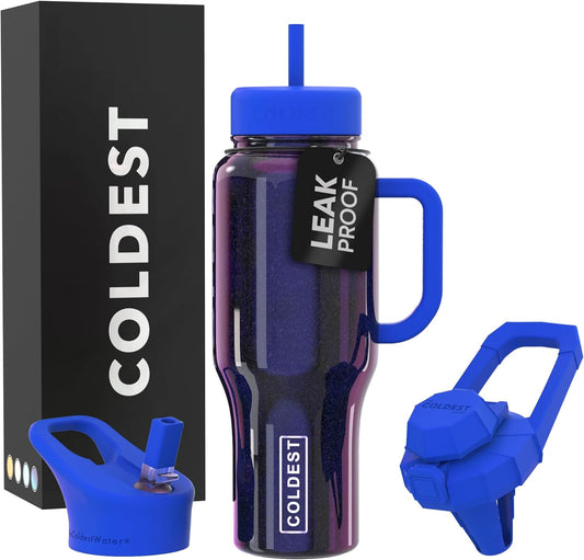 Coldest 40 oz Tumbler with Handle and Straw, 100% Leak Proof Insulated Tumbler with Lid and Straw (3 Lids), Stainless Steel Tumblers for Women & Men, Cup Holder Friendly, 36 oz (Enchanted Blue)
