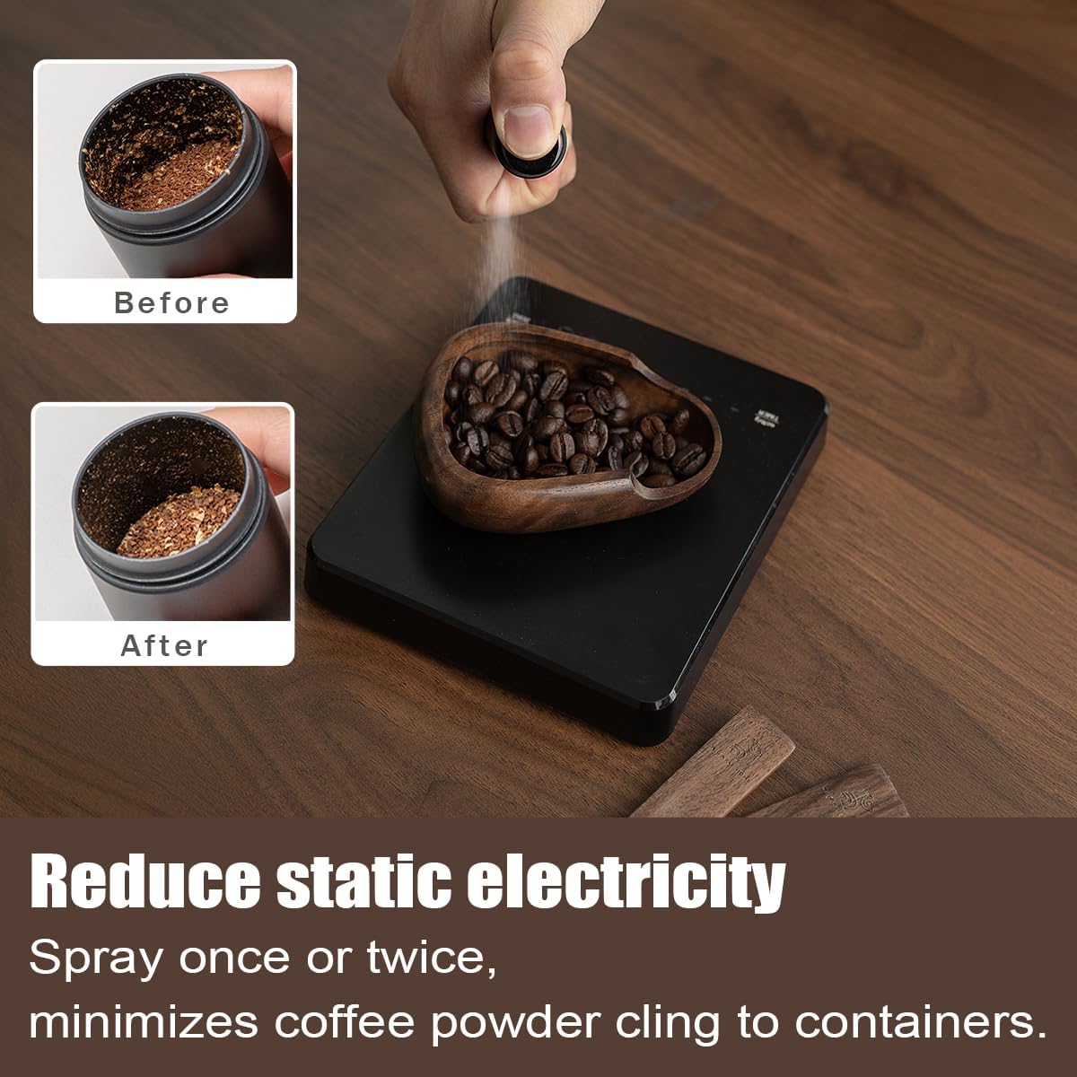 Coffee Bean Dosing Cup & RDT Spray Bottle Set - Walnut Wood Espresso Accessories Kit with Static Reduction Spray, Measuring Tray for Coffee/Tea ﻿