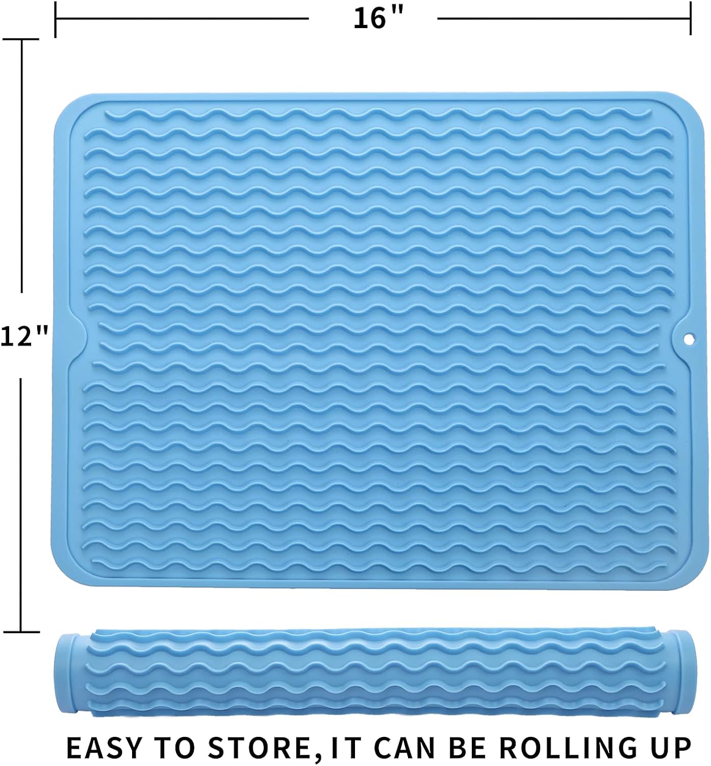 Silicone Dish Drying Mat for Multiple Usage,Easy clean,Eco-friendly,Heat-resistant Silicone Mat for Kitchen Counter or Sink,Refrigerator or drawer liner Light Blue L 16 inches x 12 inches