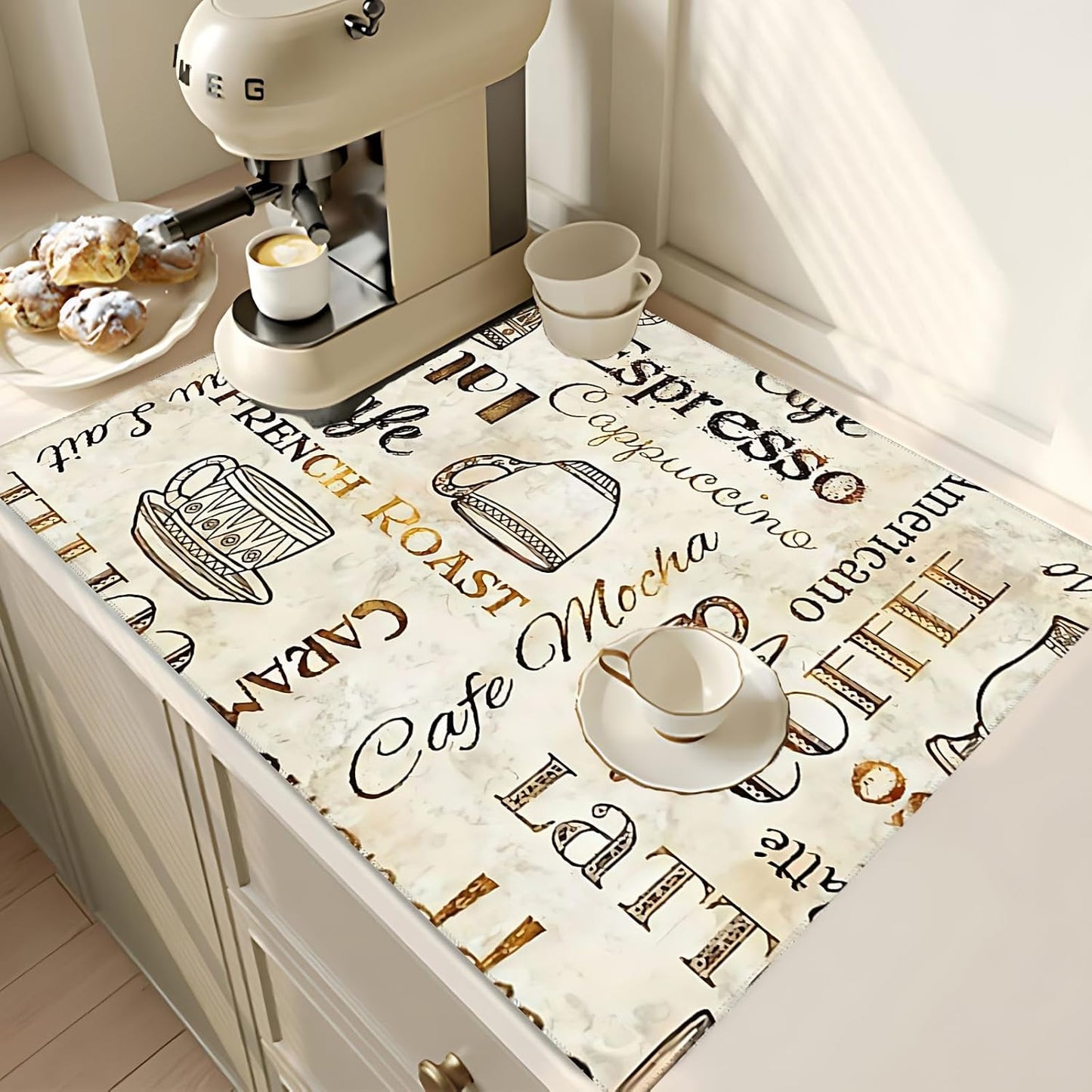 2Pcs Dish Drying Mats Faucet Mats Sets Large Size Coffee Mats Sink Faucet Mat Splash Guard for Kitchen Counter Bathroom Sink Coffee Bar Kitchen Decor (Retro Coffee, 18"x24" 15" x 5.5"Set)