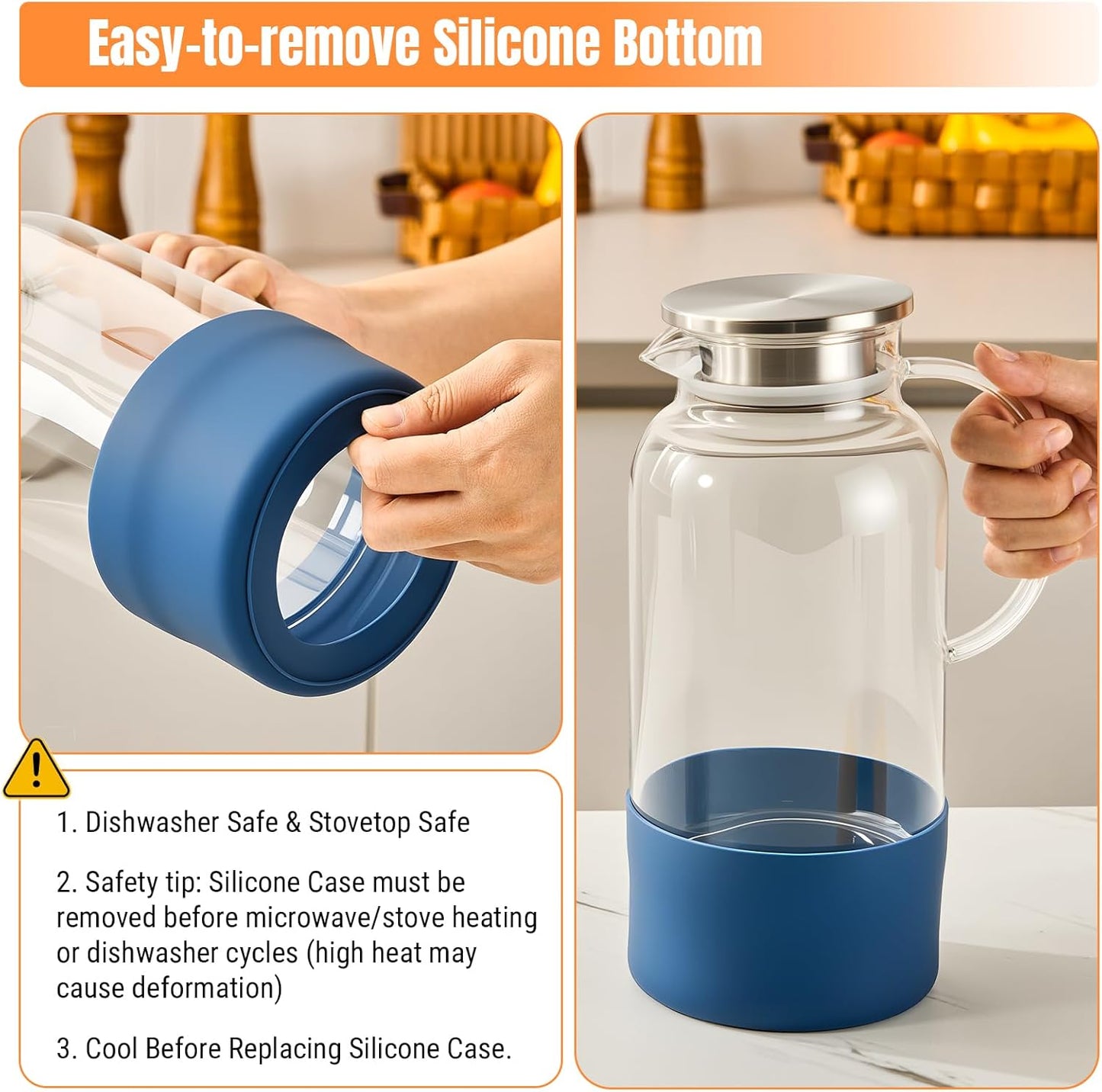 PARACITY Water Pitcher with Silicone Base 61oz/ 1.8L, Hot& Cold Glass Pitcher with Lid and Handle, Glass Carafe with Lid for Coffee, Juice, Lemonade and Milk (Blue base)