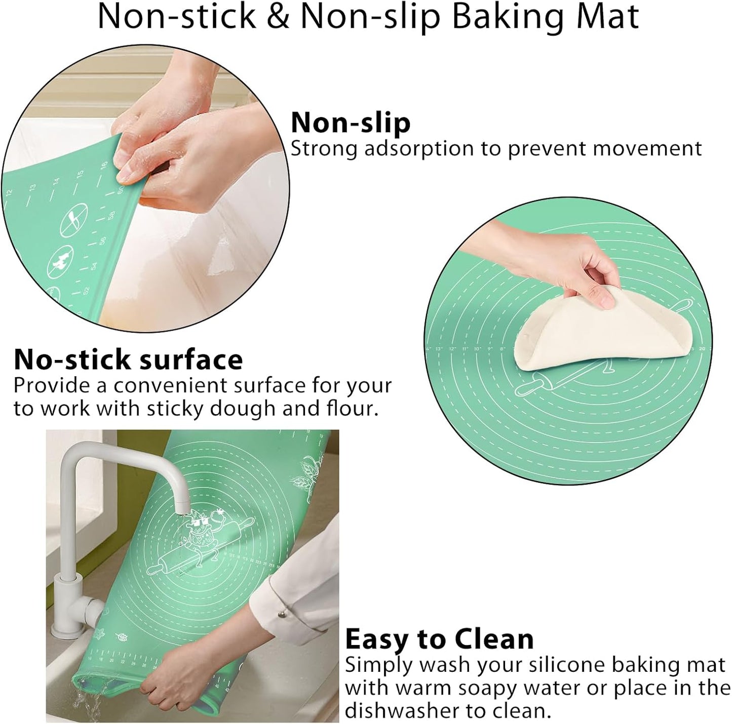 Silicone Pastry Mat 28" x 20" Extra Thick Non Stick Baking Mat with Measurements and Edge Heightening, Food Grade Silicone Rolling Mat for Pastry, Bread, Cookies, Pizza, Fondant, Pasta - Green