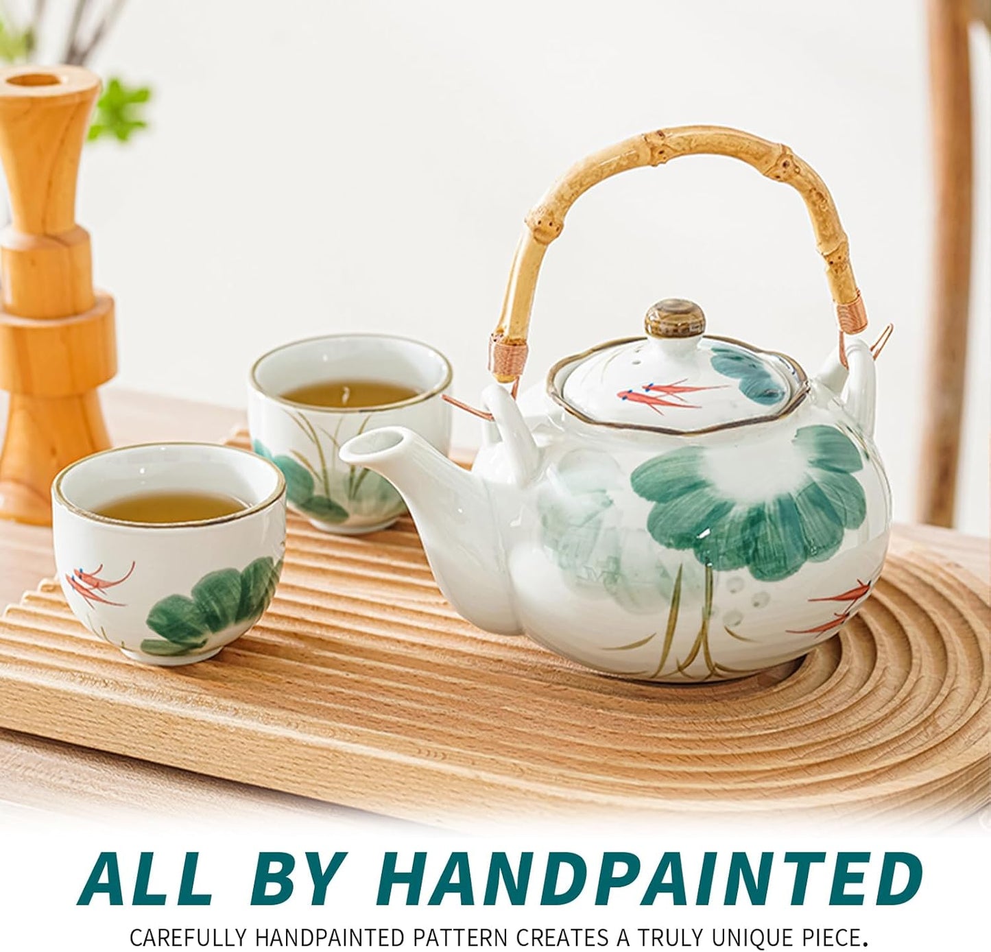 Japanese Tea Set Porcelain Tea Set with Teapot and Tea Cup Set for 4, Green and White Tea Sets for Adults with Stainless Infuser and Bamboo Tray, Asian Tea Set for Tea Lovers/Women/Men (Lotus)