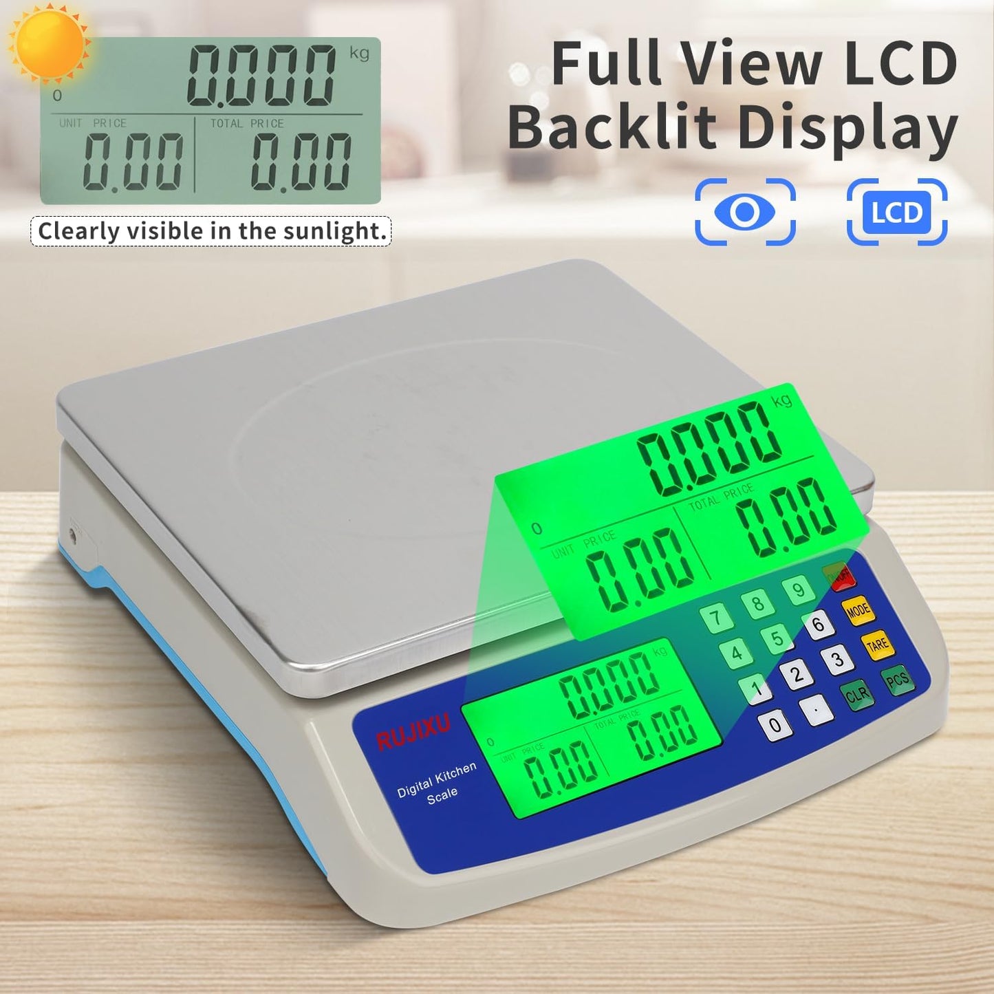 Large Digital Kitchen Scale 22LB Commercial Scale for Food Baking Bread Cooking Meat,Stainless Steel Price Computing Scale with LCD Display,Prep Counting Scale for Parts and Coins,Adapter Included