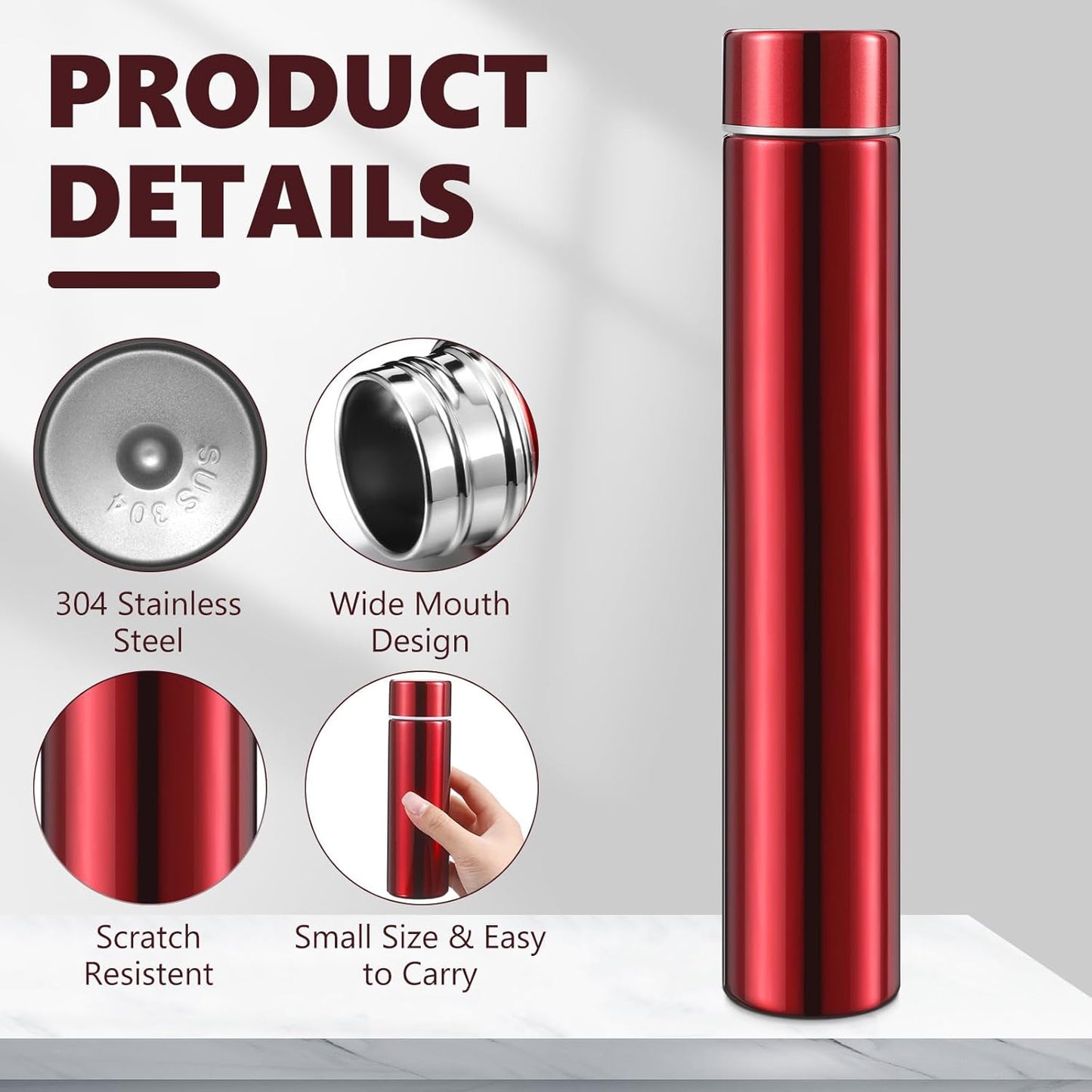 Vesici Slim Water Bottle 8.8 oz Small Stainless Steel Purse Compact Insulated Water Bottles Camping Travel Backpack Pocket Flask for Car Cold Coffee Tea(Red,1 Pack)