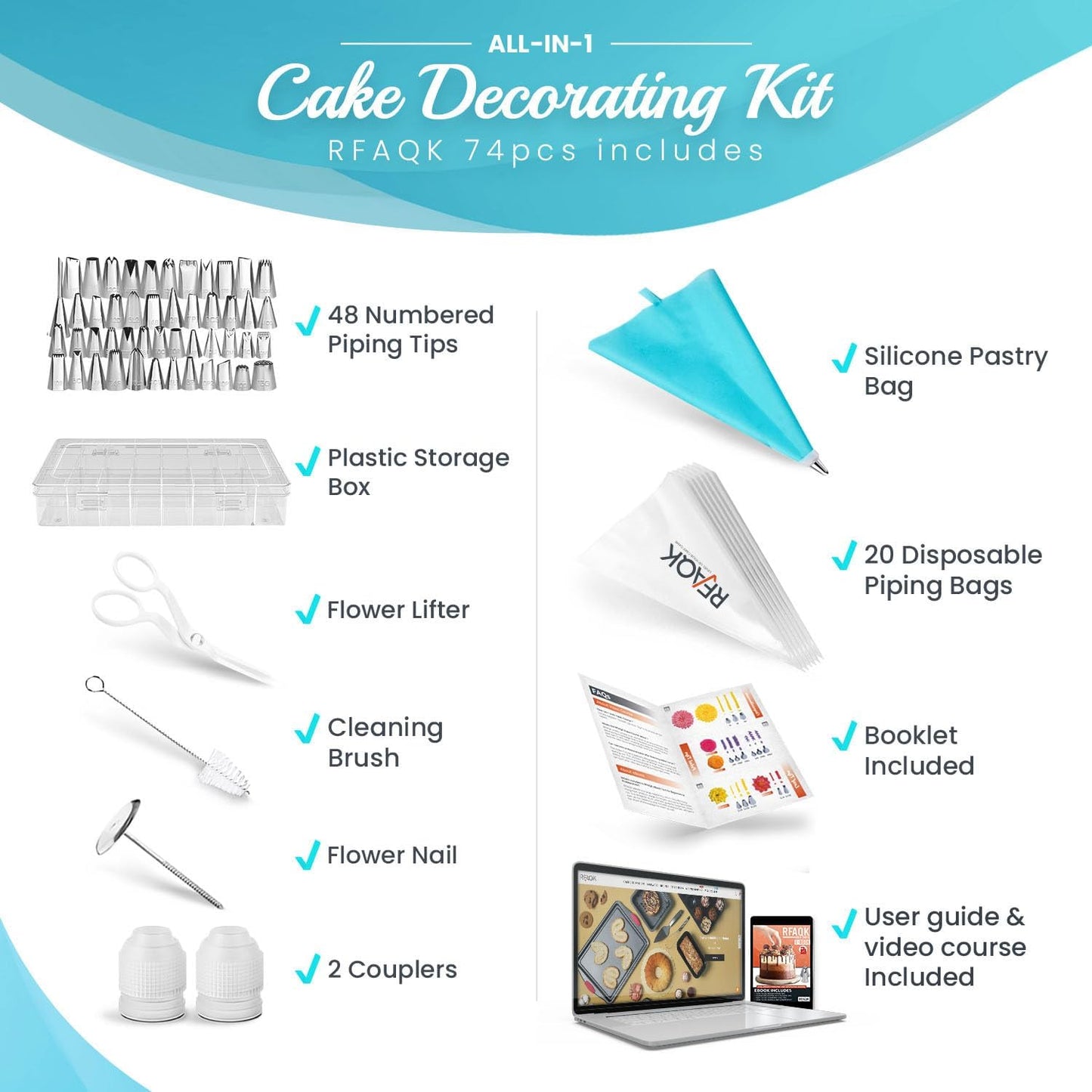 RFAQK 74 PCs Icing Piping Bags and Tips Set, Cake Decorating Kit with 48-Numbered Piping Tips, 20+1 Pastry Bags for Cookie Cupcake Cake Decoration, Cake Decorating Tips Set with Booklet and E-book