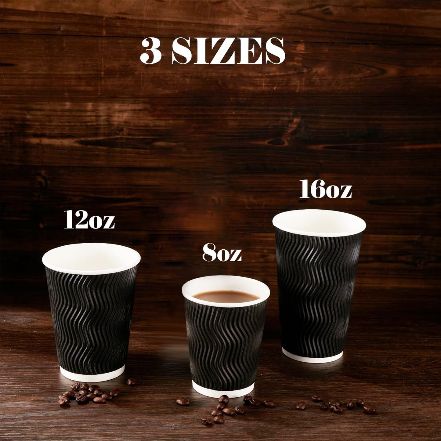 Lamosi 8 oz Disposable Coffee Cups - 120 Pack, Insulated Corrugated Paper Cups, Kraft Ripple Wall Cups for Hot Beverage or Cold Drinks (Black)