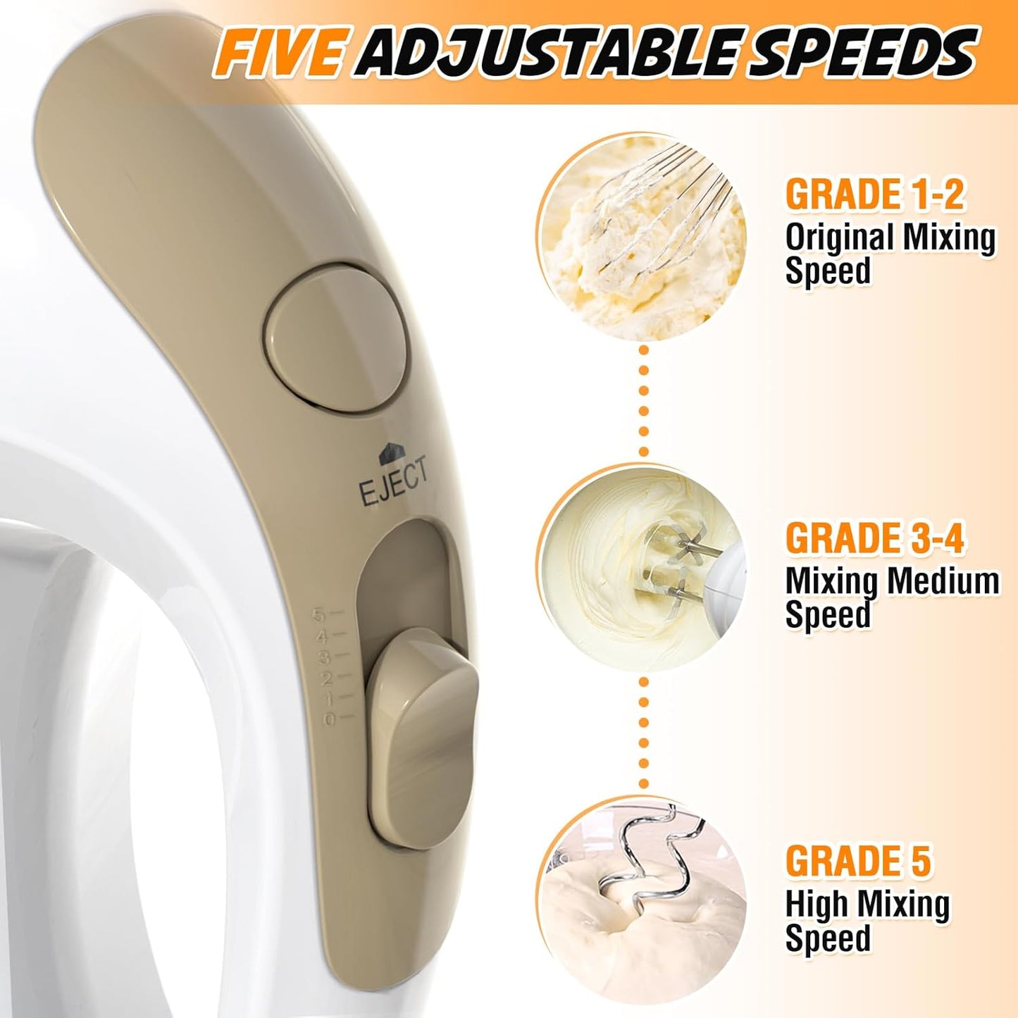 5-Speed Electric Hand Mixer with Whisk, Traditional Beaters, 120 Watts,Portable & Lightweight, Blending or Cooking, Brown