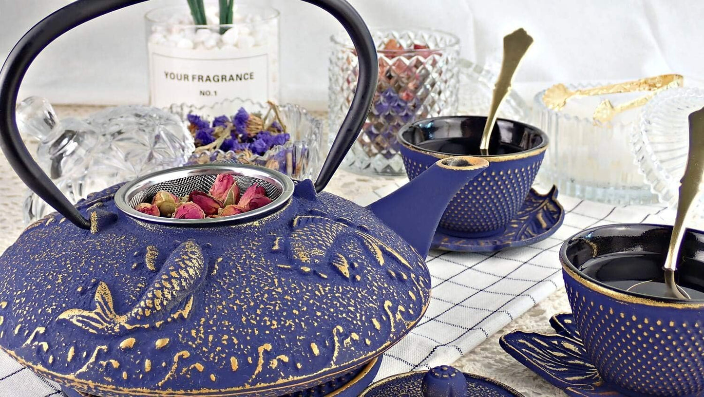 7PC Japanese Tea Set."Midnight Blue Koi" Cast Iron Tea Pot with 2 Tea Cups, 2 Saucers, Tea Infuser and Teapot Trivet. Ceremonial Matcha Accessories