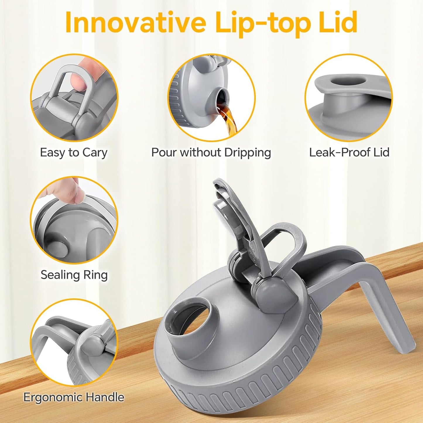 Mason Jar Pitcher, 32 OZ Glass Pitcher with Lid Double Leak-proof with Handle Water Jug Wide Mouth Breast Milk Pitcher Fridge Container for Water, Juice, Iced Coffee, Tea, Juice - Grey