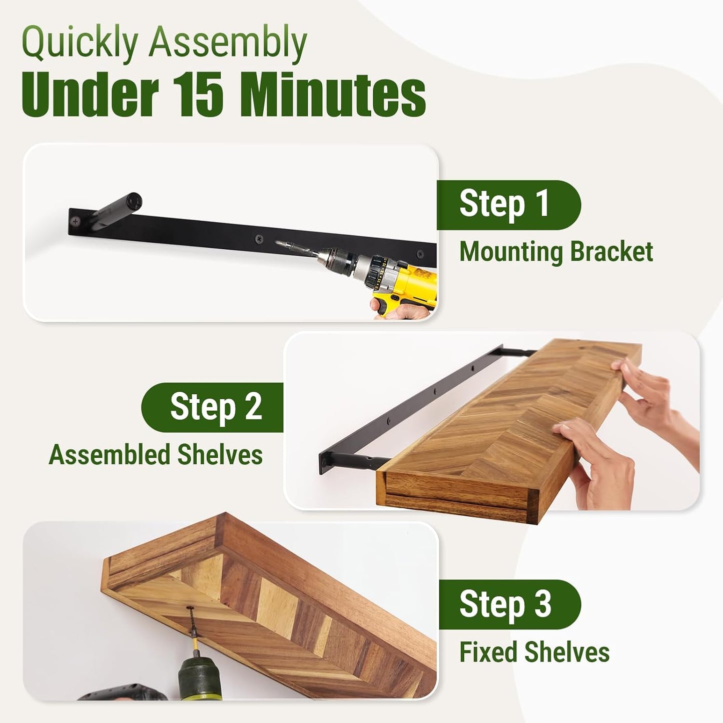 36" Acacia Chevron Floating Shelves Set of 2 - Wall Mounted Wooden Shelf for Stylish Home Décor - Natural Color - 36x6.7x1.5 Inches